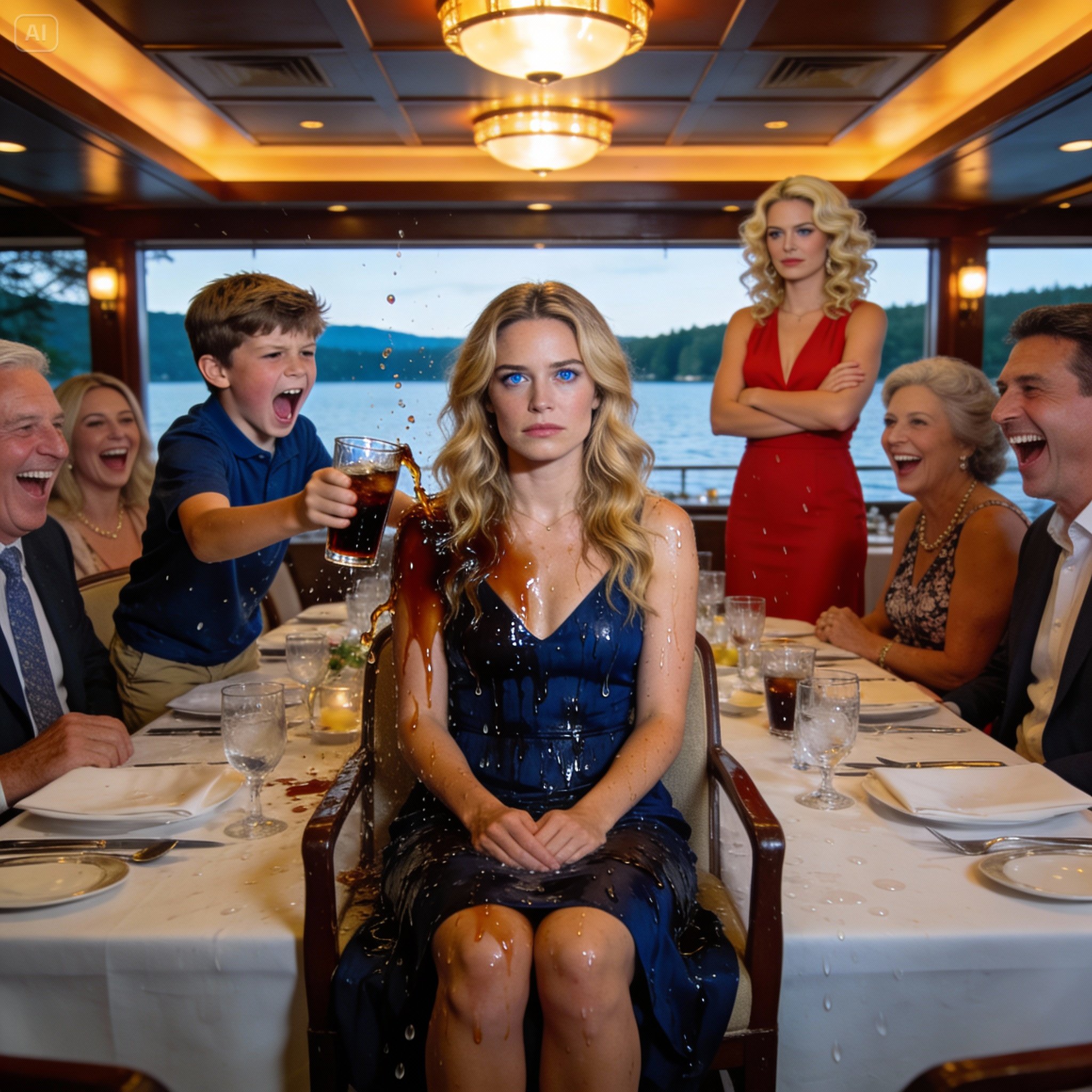 On my parents’ anniversary, my sister’s son poured soda in my lap and yelled, “Mom said you don’t belong here.” The whole table laughed. I wiped my clothes, smiled, and kept quiet. That night, I took my name off their loan. By morning, her car was gone. And at 8 a.m., there was a knock on the door. I opened it — and saw…