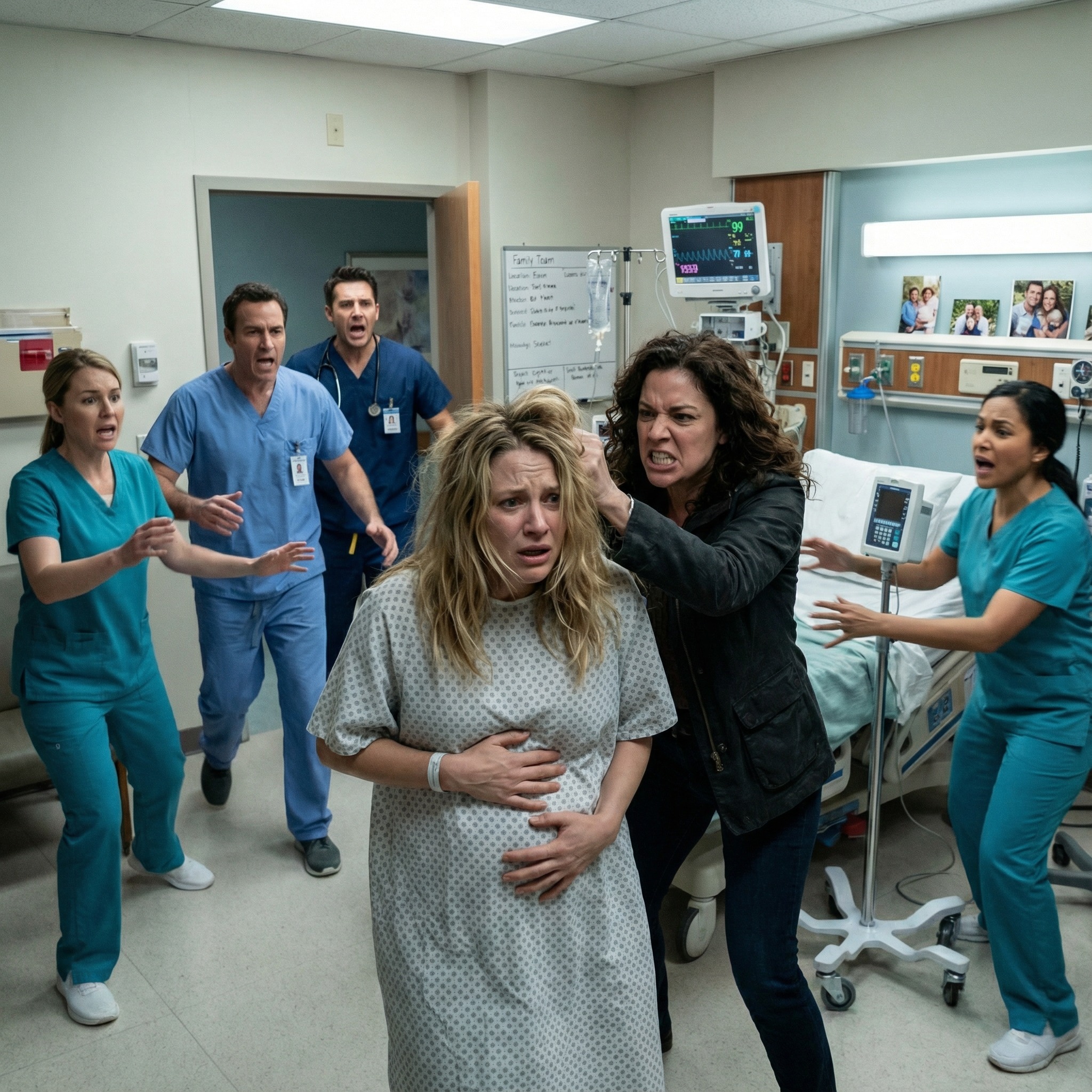 I was lying in the hospital bed, one hand on my pregnant belly, when she stormed in and hissed, “You think carrying his child makes you untouchable?” Before I could scream, she grabbed my hair and shoved me down. Nurses rushed in—but then my father stepped through the door and said calmly, “Get your hands off my daughter.” The room went silent. She had no idea who she’d just attacked.