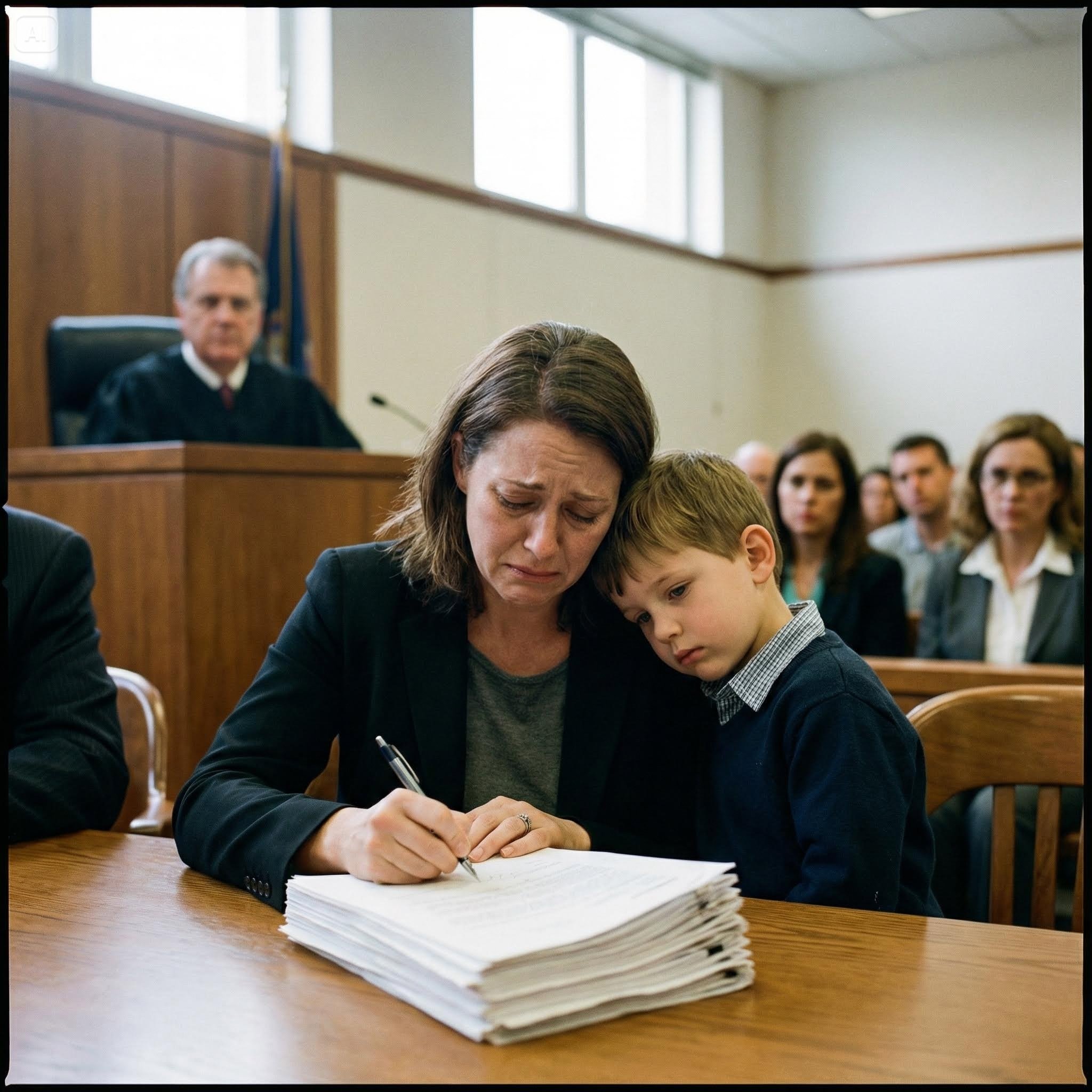 Cinematic action shot, low angle tracking focus. An elderly woman with short curly auburn hair, wearing a navy blue trench coat over a floral dress, running frantically toward the camera. Her face shows deep regret and tearful eyes. She is tightly gripping the hand of a 6-year-old girl with long dark hair in a yellow dress, who is sobbing loudly with tears streaming down her face. The woman carries a worn brown leather crossbody bag swinging wildly. In the background, a heavy ornate wooden door of a building is wide open with white smoke pouring out. The scene is a chaotic New York street with towering skyscrapers, a brightly colored psychedelic hippie bus chasing behind them, and an American flag fluttering. Motion blur on the rushing crowd, debris and dust flying in the air, dramatic golden hour lighting, hyper-realistic, 8k resolution.