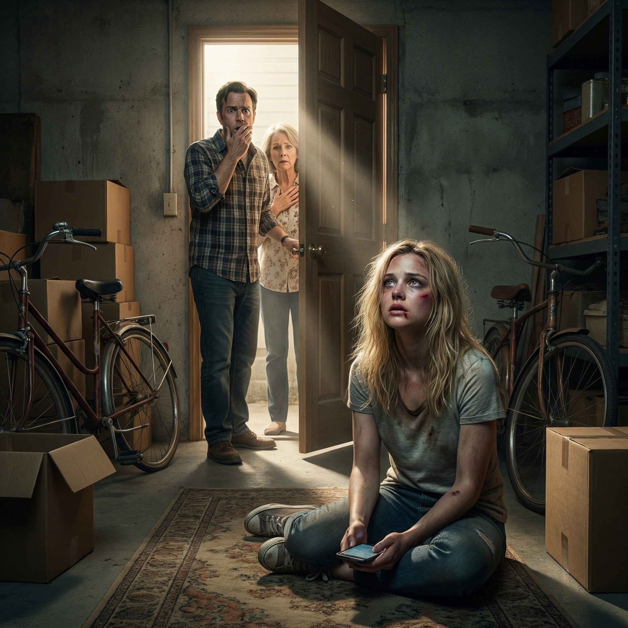 “He dragged me by the hair and slammed the storage door shut,” I remember whispering into the darkness. “You should’ve learned your place,” my husband shouted, his mother standing behind him in silence. I spent the night bleeding, cold, and terrified. The next morning, when the door finally opened, he froze—his face turning pale. Because what he saw inside that room was something that would destroy his entire world forever.