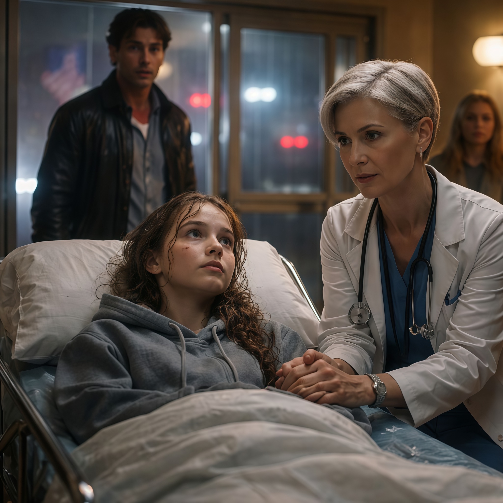 At 15, my parents chose my sister’s tears over my truth and shoved me out into a storm, saying, “Get out—I don’t need a sick daughter.” I walked the dark streets alone until a car hit me, and police called my parents to the hospital. When my father rushed in, he froze—because the person sitting beside my bed wasn’t a relative, wasn’t a friend… but the last person he ever expected to see protecting me.