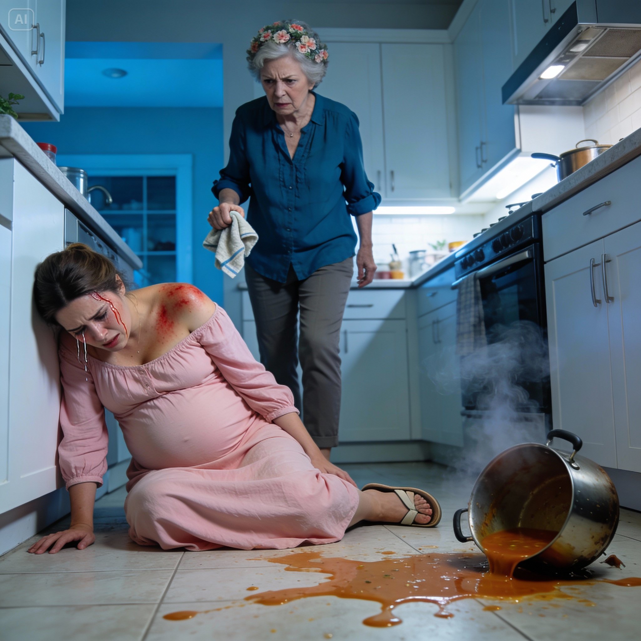 “You’re worthless!” my MIL screamed as she hurled boiling soup at me—while I was pregnant and begging to go to the hospital. I called 911 myself, burned and crying. The next morning, she opened the door smiling—until she saw two officers holding a warrant.