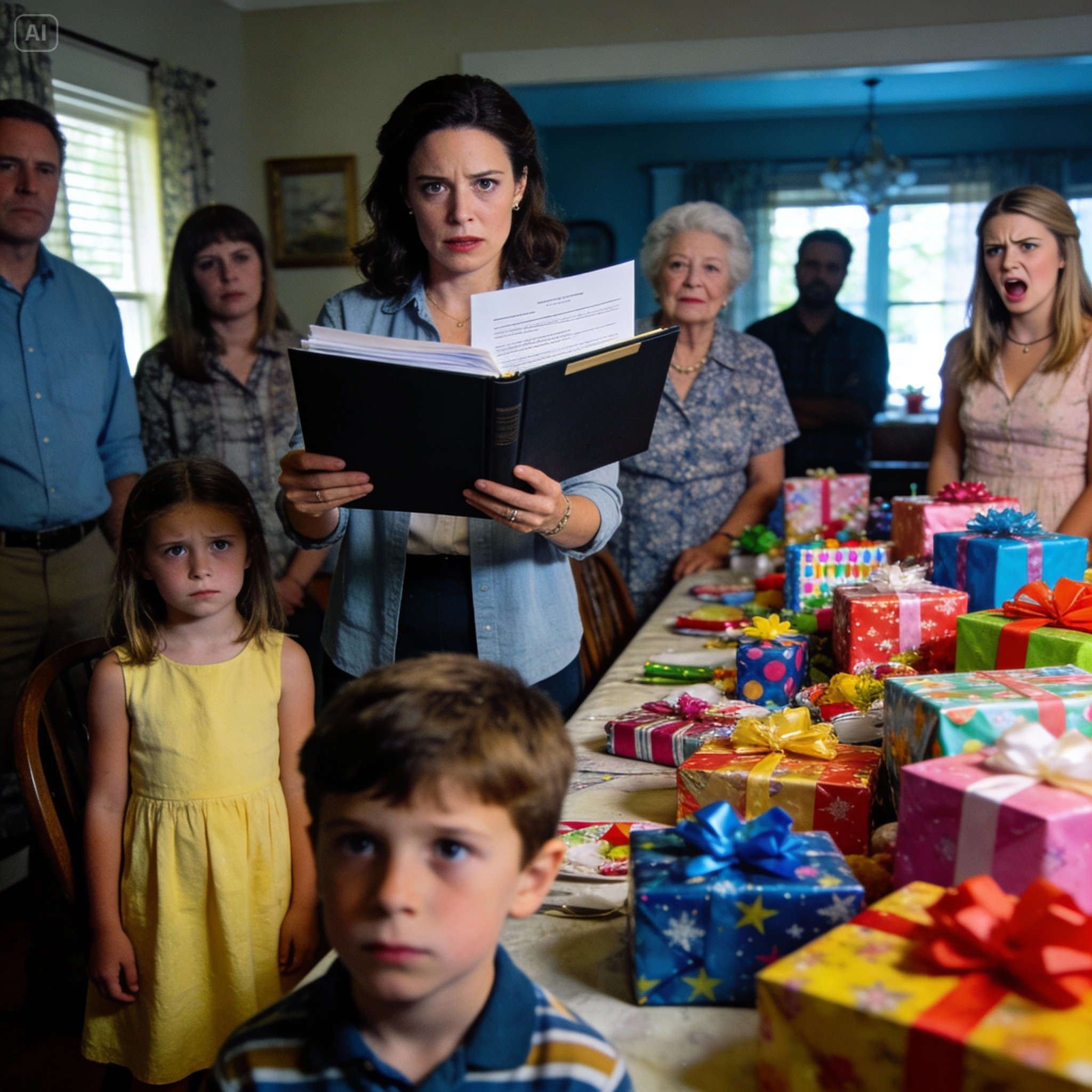 The gift table was stacked high at the party, all meant for my sister’s child. My child’s chair had nothing waiting. Mom laughed, “Of course our angel deserves the best!” My sister smirked, “Your kid doesn’t need gifts.” Calmly, I pulled out a document and placed it in her hands—Mom’s expression froze.