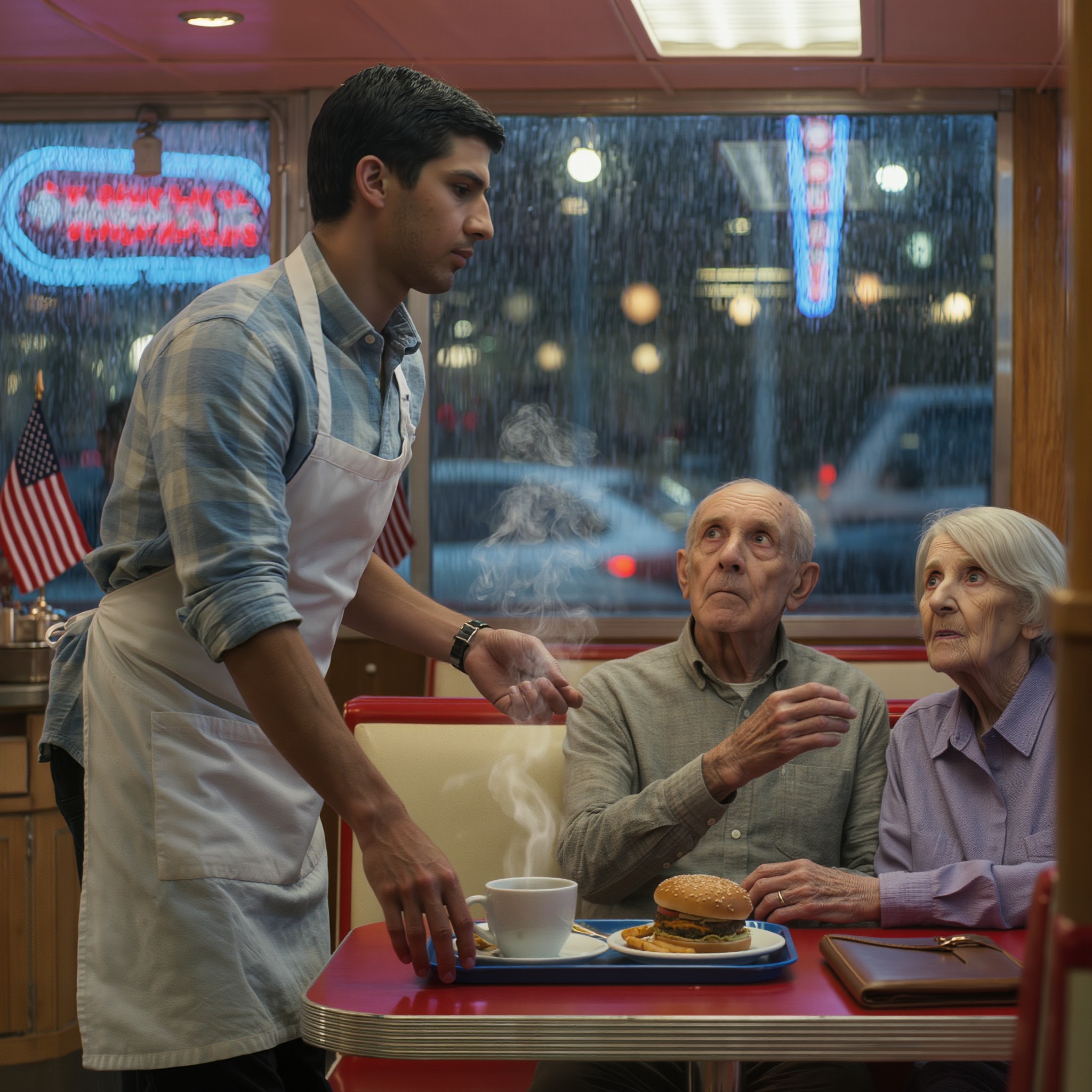On a rain-lashed night at Fifth & Main in the American Midwest, 17-year-old dishwasher Darius Johnson lifts the one burger he saved three days to afford—then sees an elderly couple at table six whispering over an unpaid check. He gives them his meal anyway…