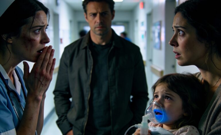 I opened the door and heard my little girl wheezing like she couldn’t catch her breath. My husband stood there calmly and said she just slipped, like it was nothing serious. I picked her up and ran straight to the ER. When my husband arrived minutes later, the receptionist went pale and grabbed my arm. “Ma’am… please tell me you didn’t bring him here,” she whispered.