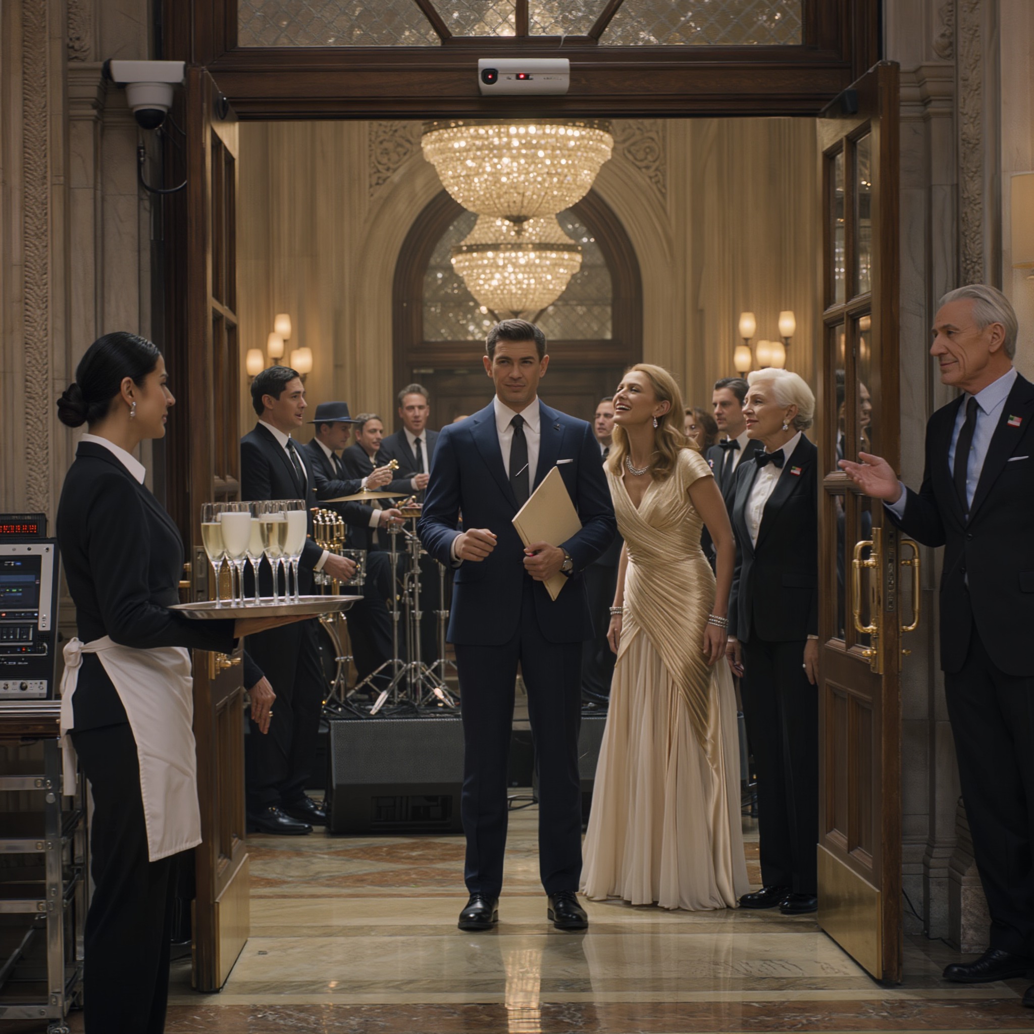 At my sister Madison’s engagement party in a downtown Grand Meridian ballroom, a guard sized up my faded jeans and sneered, “Service entrance,” while Madison laughed like I was hired help. I tied on an apron, stayed invisible, and watched a tiny security camera blink over chandeliers as ‘old money’ guests whispered about what my family could do for them. Then a stranger slipped a USB near the sound system—and my general manager entered with a folder looking for Ms. Wong.