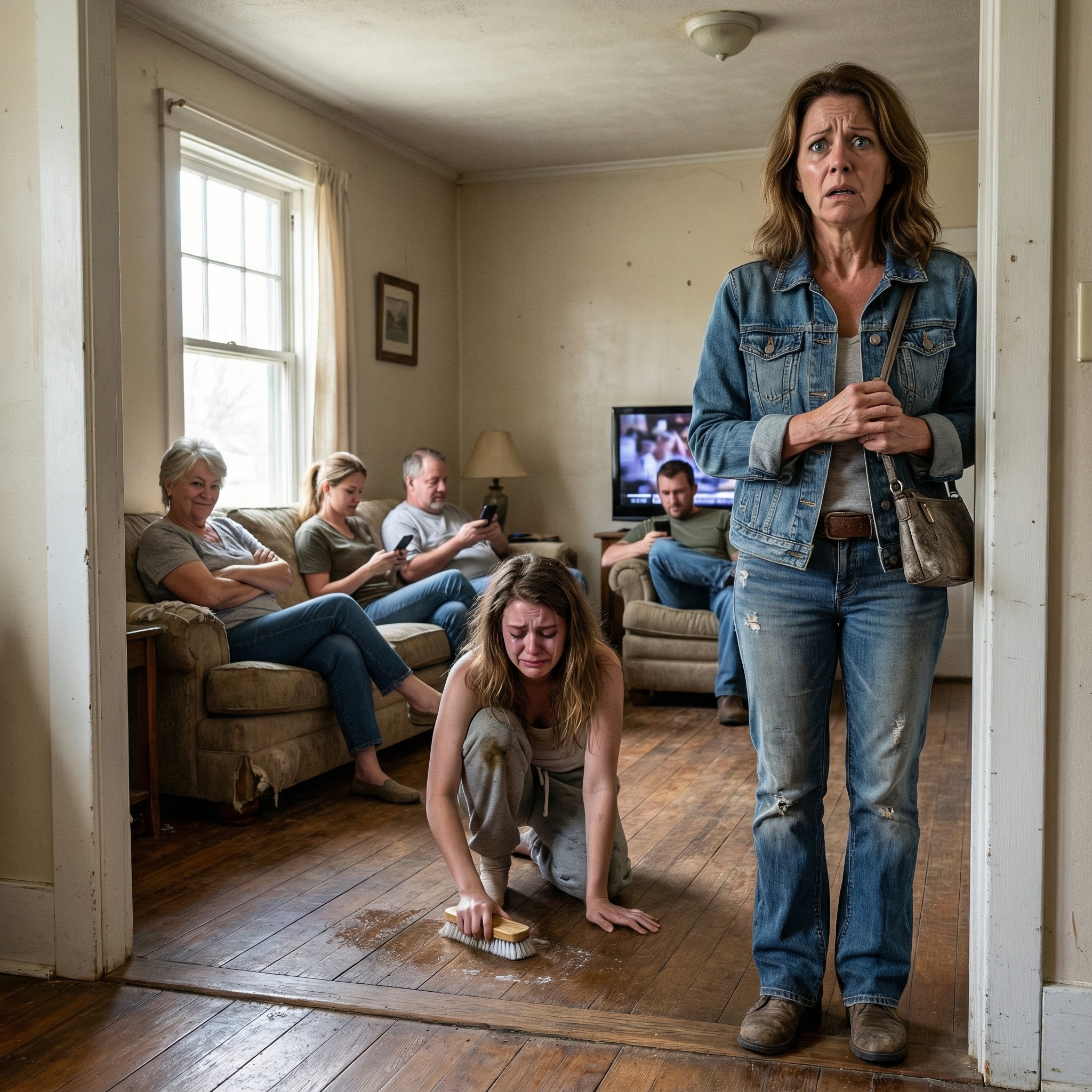 I bought my daughter a quiet country house, thinking it would be her refuge. When I arrived unannounced, I found her crying—her husband’s entire family had moved in. Her mother-in-law snapped, “A daughter-in-law should earn her keep,” while my daughter scrubbed floors with shaking hands. I picked up my phone. Five minutes later, the suitcases were on the lawn. I looked at them through the gate and said just three words: “GET OUT NOW”