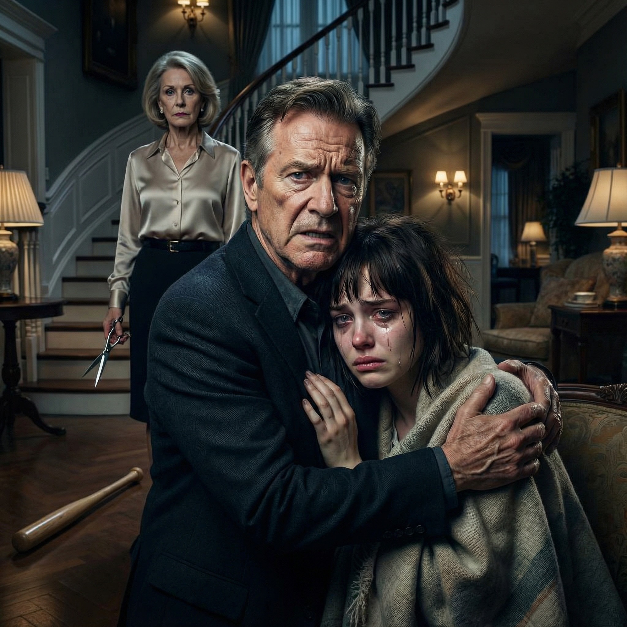 My daughter whispered, “Dad, help,” and the line went dead. I drove at 100 mph to her in-laws’ mansion. My son-in-law blocked the porch, gripping a baseball bat, sneering, “This is a private family matter. Your daughter needed discipline.” One punch dropped him. Inside, I found his mother pinning my daughter down as she screamed, sawing off her long hair. “This is the price of disobedience,” she hissed. I tore my daughter free just in time—her body burning with fever as she collapsed in my arms. They thought I’d leave quietly. They were wrong. It was time they learned who I really am.