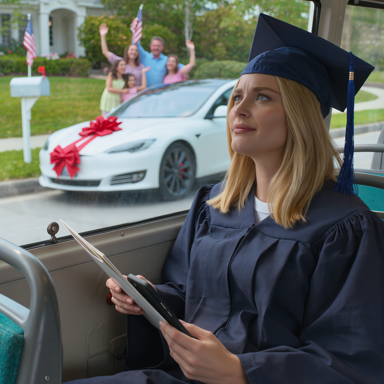 My parents told me to take the bus to my graduation—while buying my sister a Tesla. “Take the bus,” Dad said. “That car is for your sister.” At graduation, the dean announced, “And now… our youngest billionaire graduate…” My parents dropped their programs.