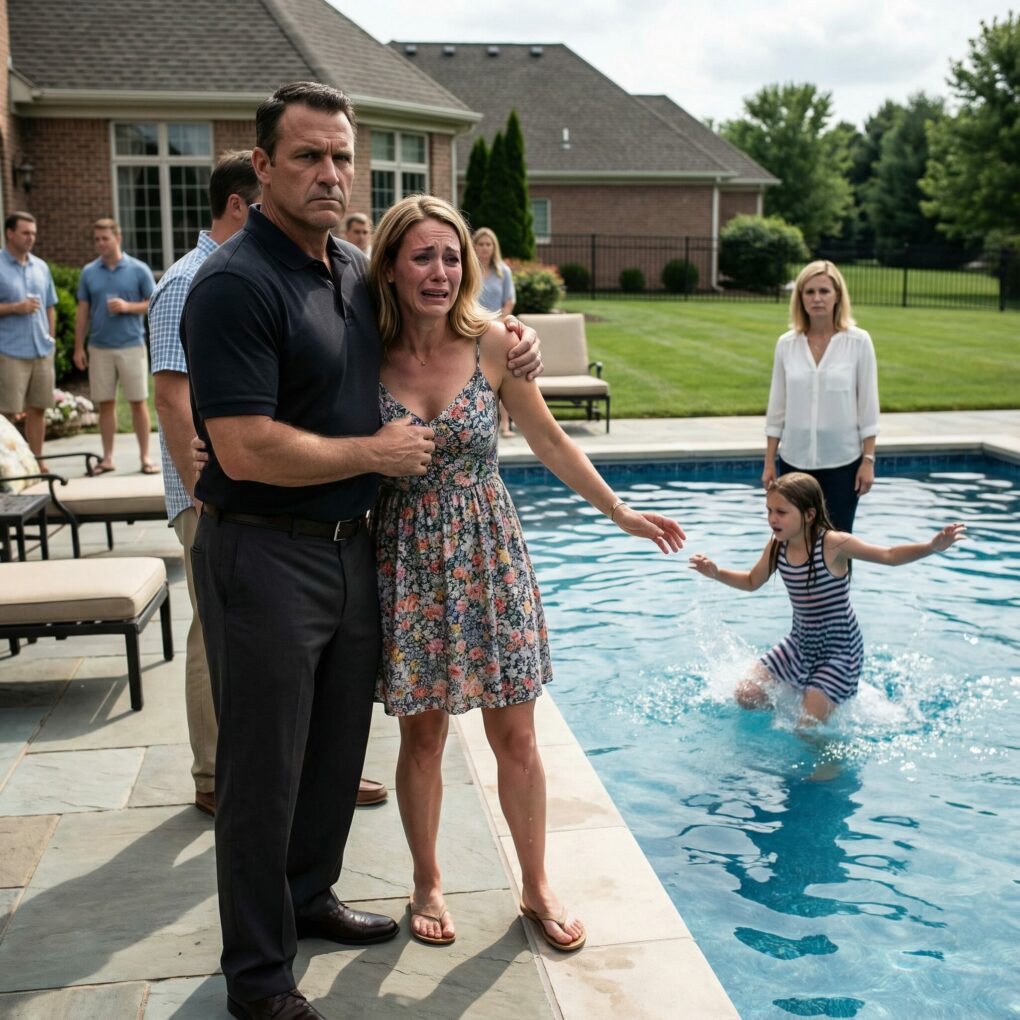 My sister pushed my daughter into the pool—still in her dress, unable to swim. I rushed forward, but my father grabbed me by the neck and forced me down. “If she can’t handle the water, she doesn’t deserve to live.” In that moment, my heart felt like it was being torn apart. After pulling my exhausted, water-choking child out, I didn’t scream. I didn’t cry. I just looked at them one last time—long, cold, and silent. Then I walked out of that house for good. They had no idea I would take away everything they ever valued… and by the next morning, they finally began to understand.