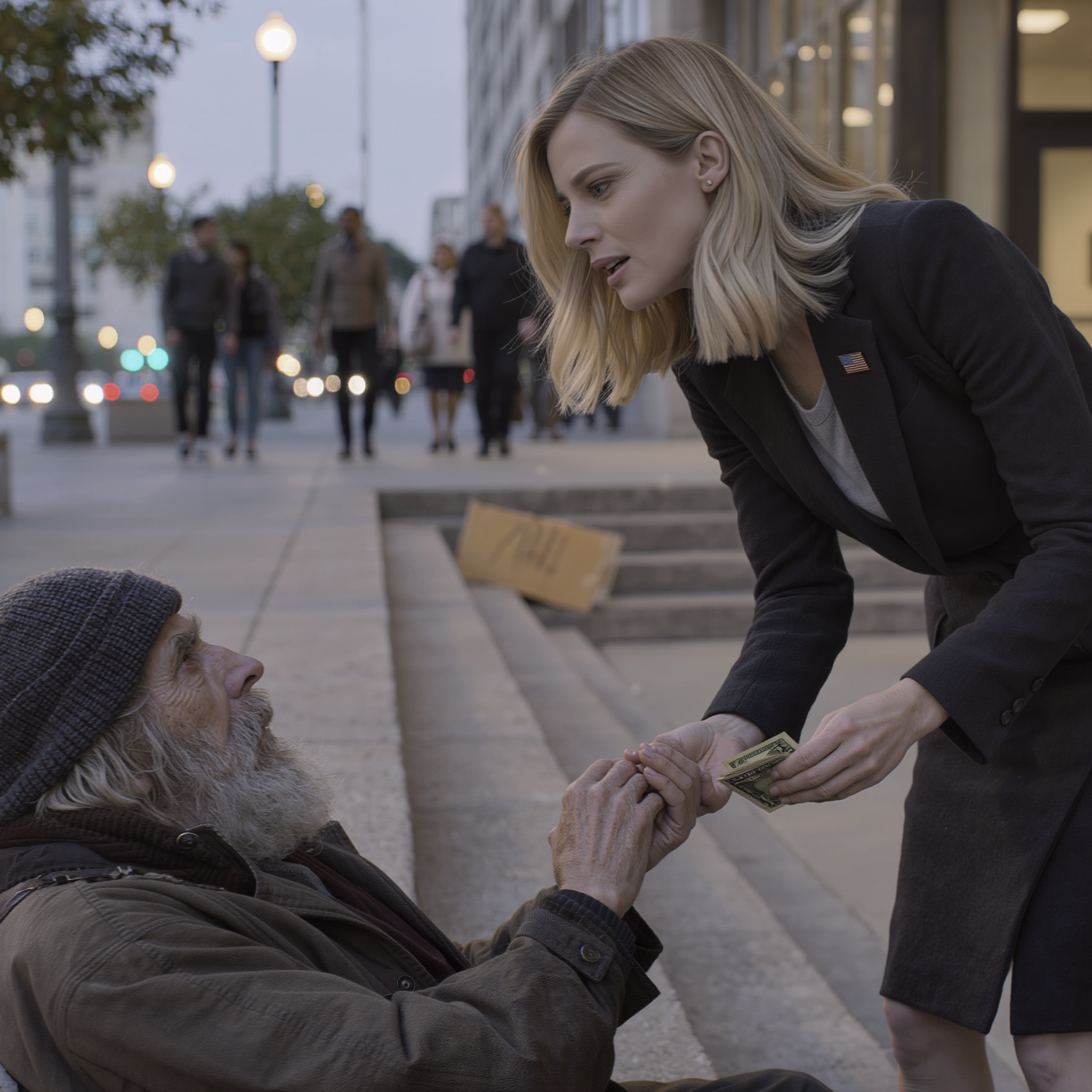 After my husband died, I went back to work, and every day I’d leave a little money for the elderly homeless man outside the library… until the day he grabbed my hand, called me by my real name, and whispered, “DON’T GO HOME TONIGHT” — and a few hours later, the 2 a.m. text left me numb…