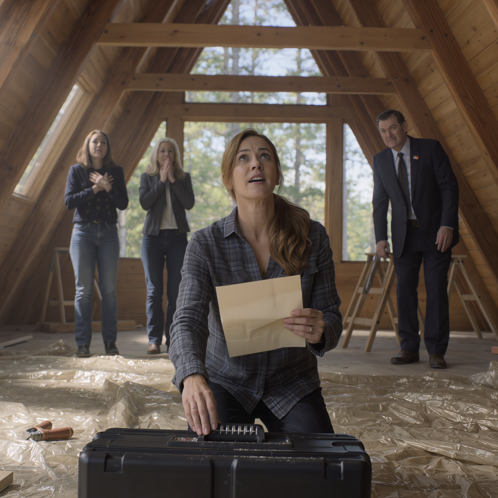 One year after my grandparents died, I hired a crew to renovate the A-frame house up in the mountains… halfway there, the contractor called, his voice shaking: “Don’t come alone—bring your parents and your sister here right now”… and then I saw something with my sister’s NAME CARVED on the lid of the box and my heart nearly stopped beating…