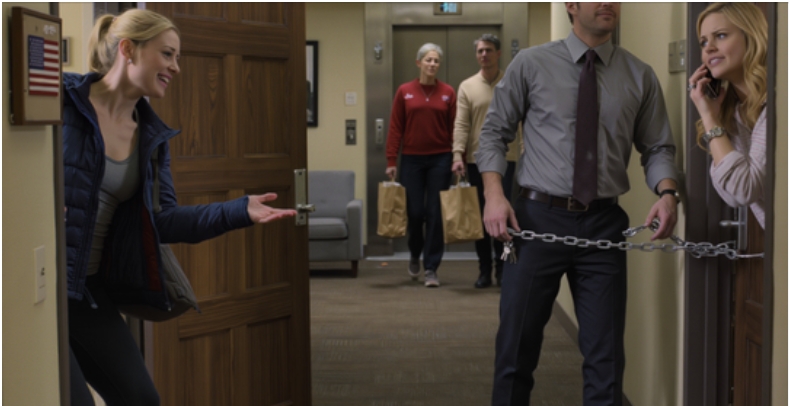 I Came Home And Found The Front Door Locked In My Face. While I Was Still Standing In The Hallway, My Neighbor Opened Her Door, Laughed, And Joked That I Could Crash On Her Couch If My Own Family Didn’t Want Me Inside. My Wife Heard It From Inside — And The Scene She Made In Front Of The Whole Building Changed Everything.