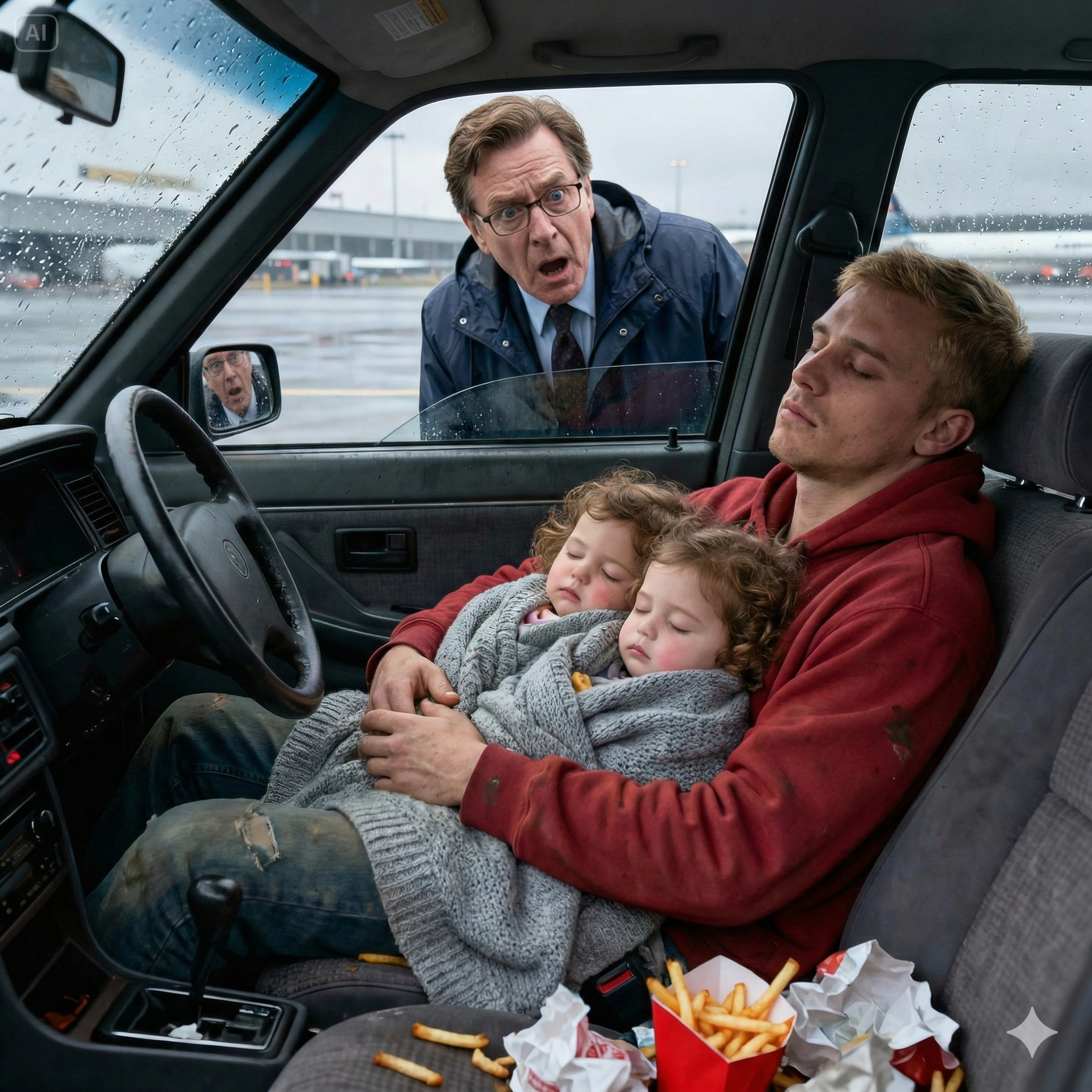 At the airport parking lot, I found my son sleeping in his car with his twins. I asked, “Where is the $150K I invested in your startup?” He broke down. “My wife and her family took everything and claimed I’m mentally unstable.” I got furious. “Pack your things. We’re fixing this now.”