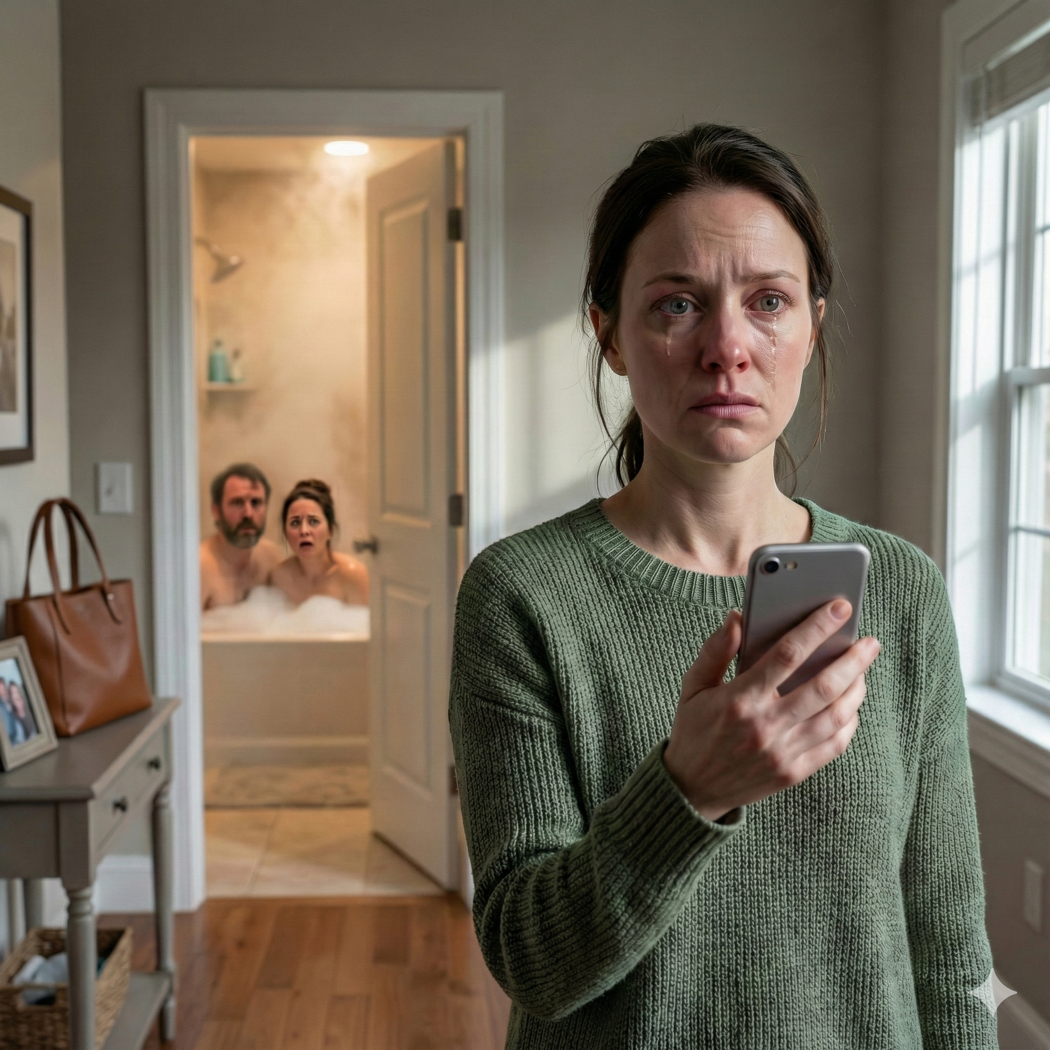 I came home at noon. The bathroom door was slightly open… and I heard familiar laughter. As I walked closer, I saw my fiancé sitting in the bathtub with my own sister. I didn’t scream. I simply locked the door, took out my phone, and called her husband: “Come over right now.