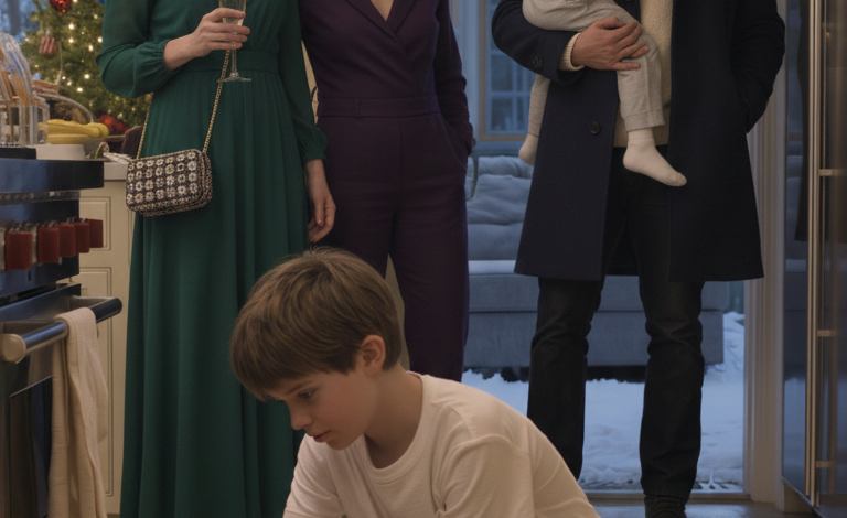 I arrived at my in-laws’ house without warning on Christmas Eve. I found my son scrubbing floors in his underwear while their grandchildren opened presents by the tree. My wife was laughing with them. I walked in, picked up my son, and said five words. My mother-in-law’s champagne glass shattered. Three days later—47 missed calls.