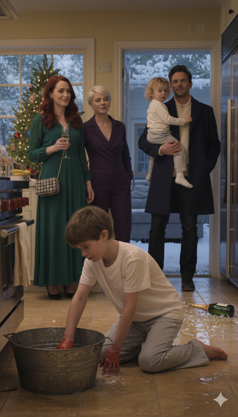 I arrived at my in-laws’ house without warning on Christmas Eve. I found my son scrubbing floors in his underwear while their grandchildren opened presents by the tree. My wife was laughing with them. I walked in, picked up my son, and said five words. My mother-in-law’s champagne glass shattered. Three days later—47 missed calls.