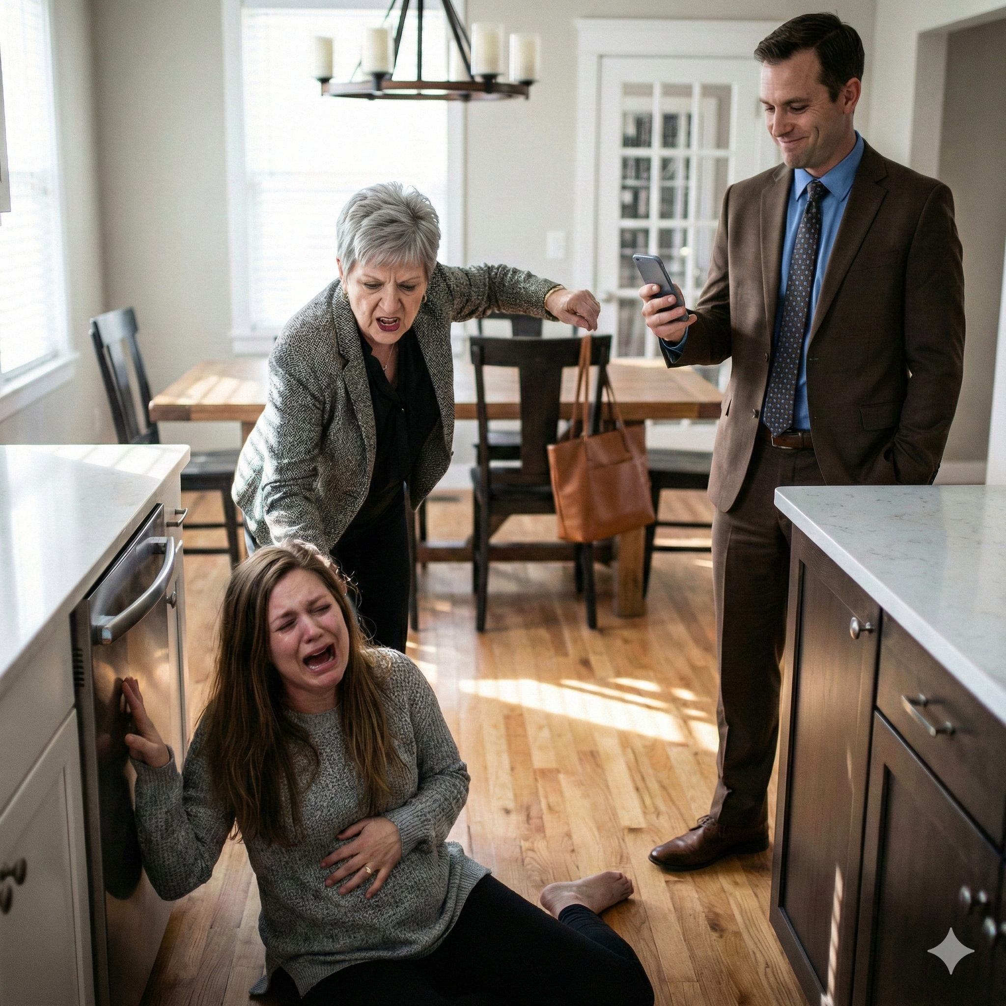 I never told my in-laws who my father really was. All day, I cooked, cleaned, and served them like a stranger in my own home. My mother-in-law sneered, “Servants eat standing.” When I tried to sit, she shoved me—and pain ripped through my body. I reached for my phone. My husband laughed, “I’m a lawyer. You can’t beat me.” I whispered, “Then call my father.” He smiled… not knowing everything was about to collapse.