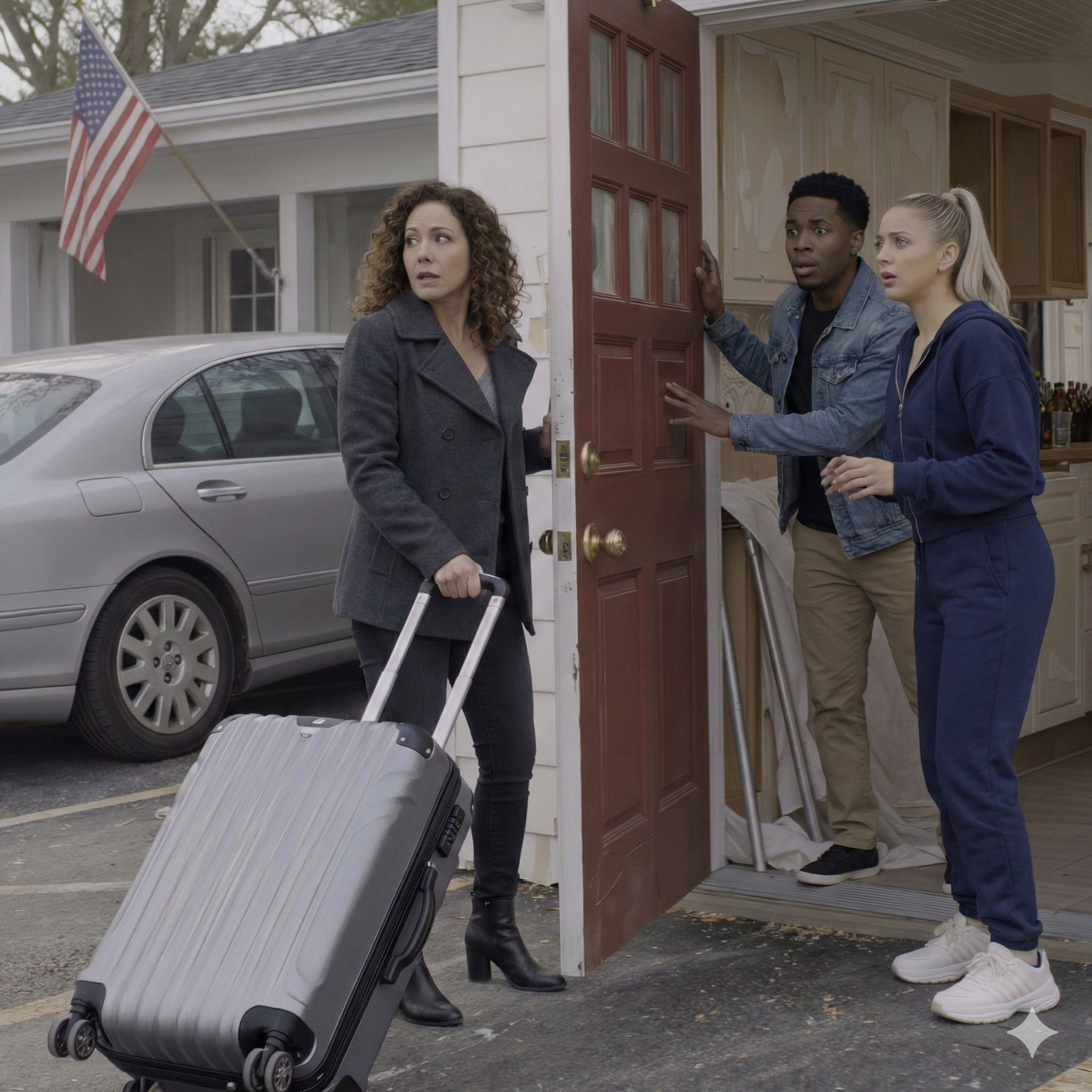 I came home three days earlier than expected from a business trip and saw a strange car parked outside my house. It was 7 a.m., the kind of winter-morning quiet you only get in a sleepy American cul-de-sac, and that silver Mercedes sat in my driveway like it had paid the mortgage. My hand froze on my suitcase handle, because I knew I was looking at a boundary being tested.