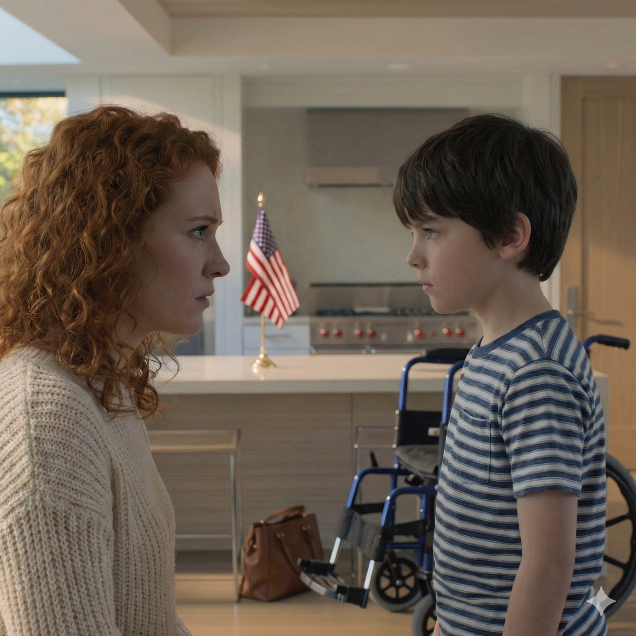 And I swear, the moment he said that, the whole sprawling house suddenly shrank into a locked box. Outside, the cul-de-sac was so quiet I could hear the neighbor’s sprinkler system, the flag on the porch softly snapping against its pole, and the sound of my husband’s engine fading until it vanished beyond the red maples at the end of the street. Ethan had just left, still in that crisp, ad-perfect blue shirt, his expensive cologne lingering in the hallway. Before he got in the car, he smiled gently, told me “don’t go anywhere,” then threaded a chain through the iron gate and padlocked it from the outside like it was the most normal thing in the world. He said there’d been a break-in nearby, said the spare key was in his desk drawer but the lock was sticky, “better not to use it unless you have to.” I nodded like a good wife, like being shut in was a kind of love. I wheeled Leo into the living room. I’d cared for him long enough to know every feeding time, every diaper change, every random blink the doctor called a “response.” He always sat with his head tilted, a little towel at his collar, eyes empty—like he was looking straight through me. And then—my husband’s car barely gone—Leo stood up like a spring that had been hidden for two years. He didn’t wobble. He didn’t shake. He ran straight into the kitchen, small hands but sharp and decisive, twisting the gas valve shut, then throwing the windows wide open. I didn’t even understand what I was seeing when that rotten-egg stench slammed into my nose, the harsh bite burning my throat, my head spinning like I’d stepped off a carnival ride. I froze, heart hammering, managing only a broken whisper of his name—until Leo turned back, and his stare was so cold it made me feel like a child caught doing something forbidden. “Don’t scream,” he said—clear, clipped, not the voice of a kid who “can’t speak.” “Dad isn’t on a business trip.” I thought I’d misheard because of the dizziness, the fumes, the irrational fear Ethan always laughed off—calling me “paranoid,” saying I “overthink everything.” But Leo wasn’t joking. He pulled me lower, signaled me not to stand up straight, not to look around, not to touch a light switch. Then he lifted one finger and pointed toward the living room—one exact direction—like he’d memorized that spot day after day. I swallowed hard. My throat was raw and dry. And right as I followed his finger, my phone on the table buzzed once—my blood went cold when I saw the name on the screen. Leo tightened his grip on my wrist and whispered so softly it barely existed: “Don’t let Dad know you saw it.” I turned my head, painfully slow, my heart slamming against my ribs… and whatever Leo was pointing at—a tiny detail that looked harmless—made my skin crawl. (Details are listed in the first comment.)