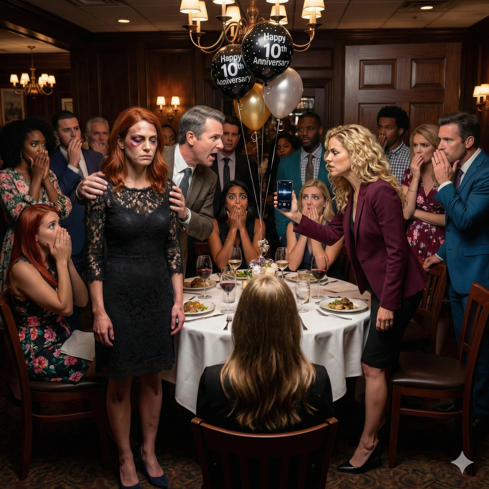 On our 10th anniversary dinner, I walked into the restaurant with a fresh black eye. The music died. Forks stopped mid-air. My husband squeezed my shoulder and announced, “Don’t worry, it was my sisters. They just taught her some respect.” His sisters burst out laughing—until my twin sister stood up, heels clicking, leaned over the table and whispered to him, “Ready for my lesson, Ethan?”