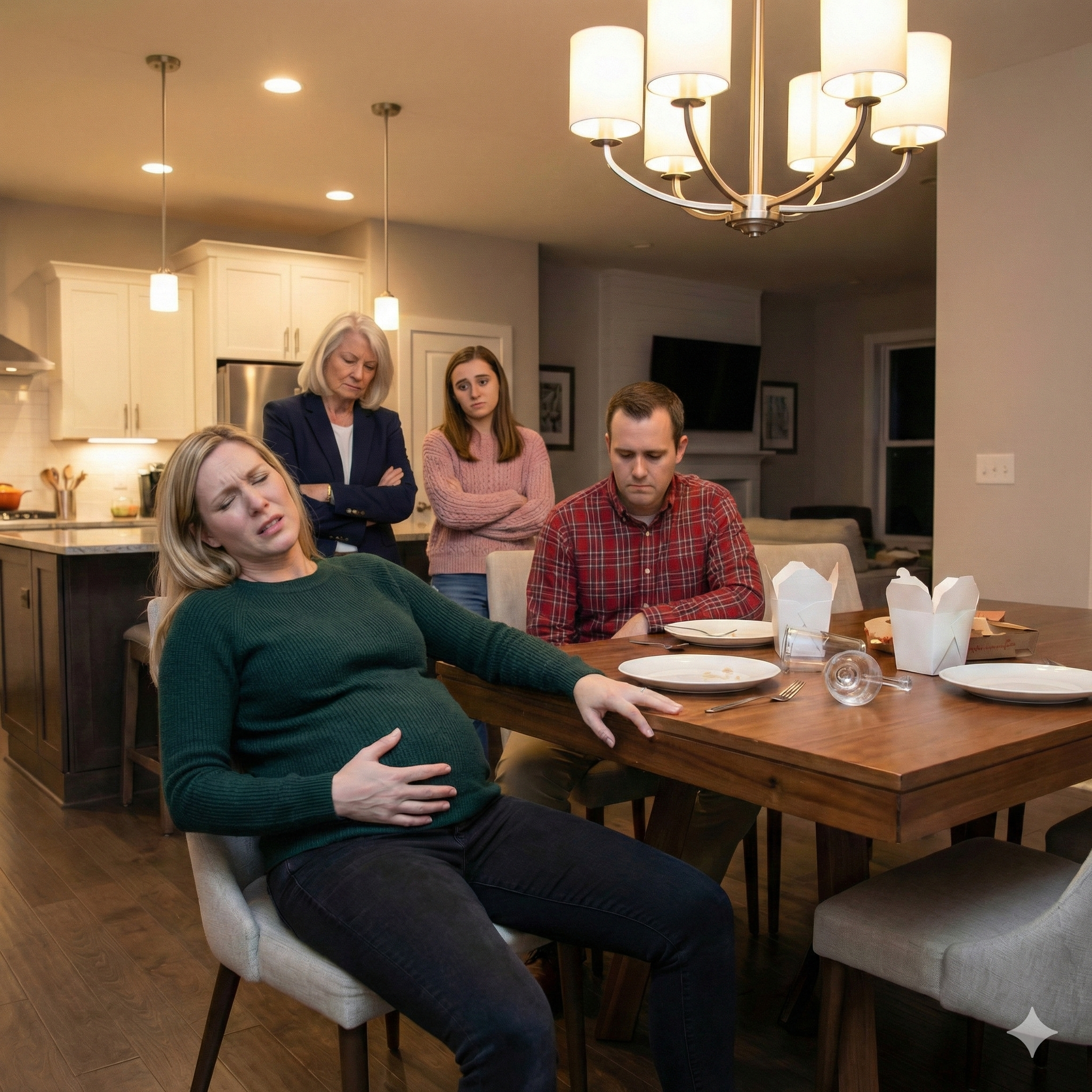 “I’m eight months pregnant, I can barely stand,” I whispered, clutching my belly. “Stop being selfish,” my husband snapped as his mother sneered, “Look at her, she can’t even cook.” His sister laughed, “No wonder he’s disappointed.” I searched my husband’s face, begging, “Are you really going to let them talk to me like this?” He lowered his eyes. I pushed myself up—and the room suddenly tilted, then went black…