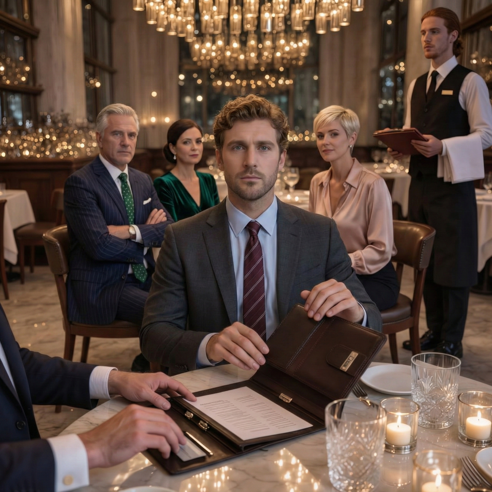 At the restaurant, my brother clinked his glass and said, ‘To family everyone except Liam. He’s adopted.’ Everyone laughed. Then the server set the black folder in front of me: $3,270 for the whole table. I slid it back and said, ‘Put it under my brother’s name he made the reservation.’ His smile vanished… and then the manager walked over.