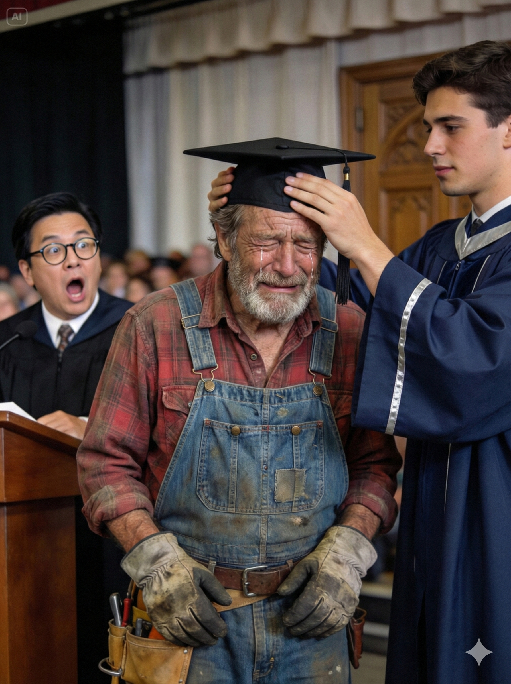 For 25 years, my stepfather labored as a construction worker, raising me with the dream of a PhD. At my graduation, the professor’s look of recognition left everyone stunned.