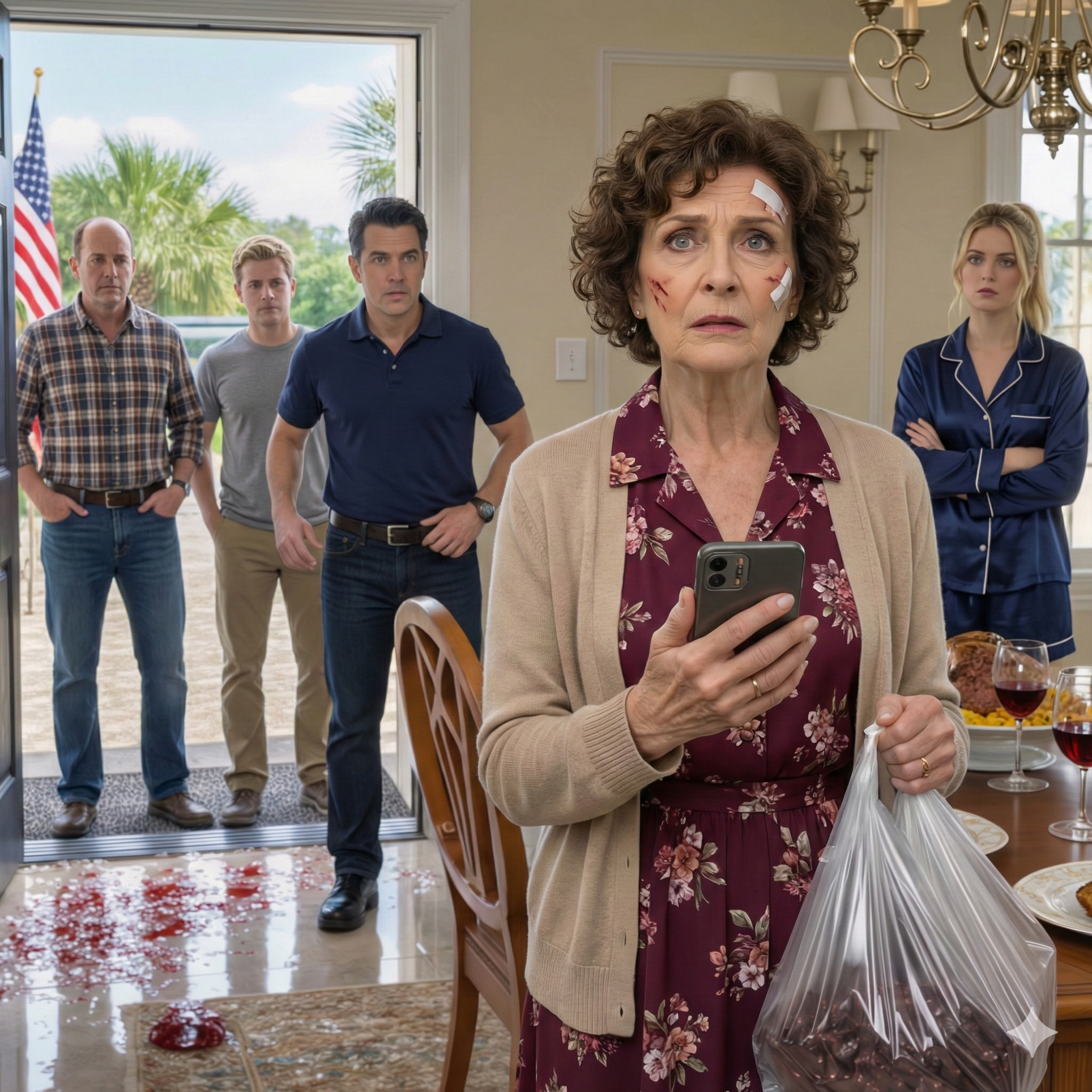 During dinner in my Miami home, my daughter-in-law hurled a wine glass at my face when I refused to pour her another refill, slurring, “maids must obey,” like I was hired help instead of family. She staggered upstairs thinking she’d won, but by sunrise she came back down and saw what I’d quietly arranged on my dining table… and the scream that followed didn’t sound human.