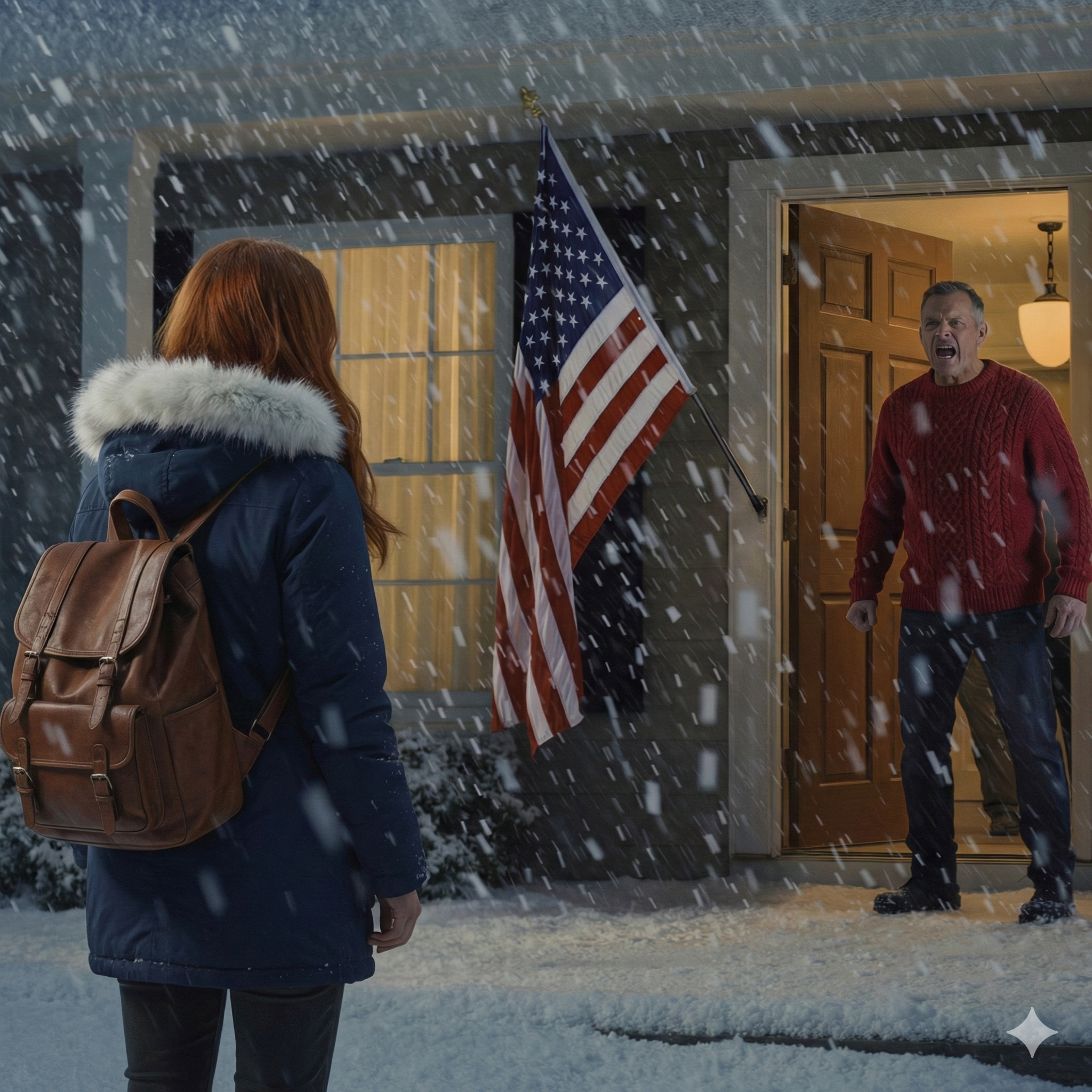 My parents said, “We’re done raising your ‘MISTAKE.’ Get out of this house, and DON’T COME BACK,” then they threw me and my 5-year-old daughter out into a snowstorm at midnight. Three hours later, there was a knock at their door, and the second they opened it, they started screaming. I thought everything only started with a spilled cup of orange juice… until a stranger said my full name, glanced at an old lanyard, and then said one line that made my spine go cold.