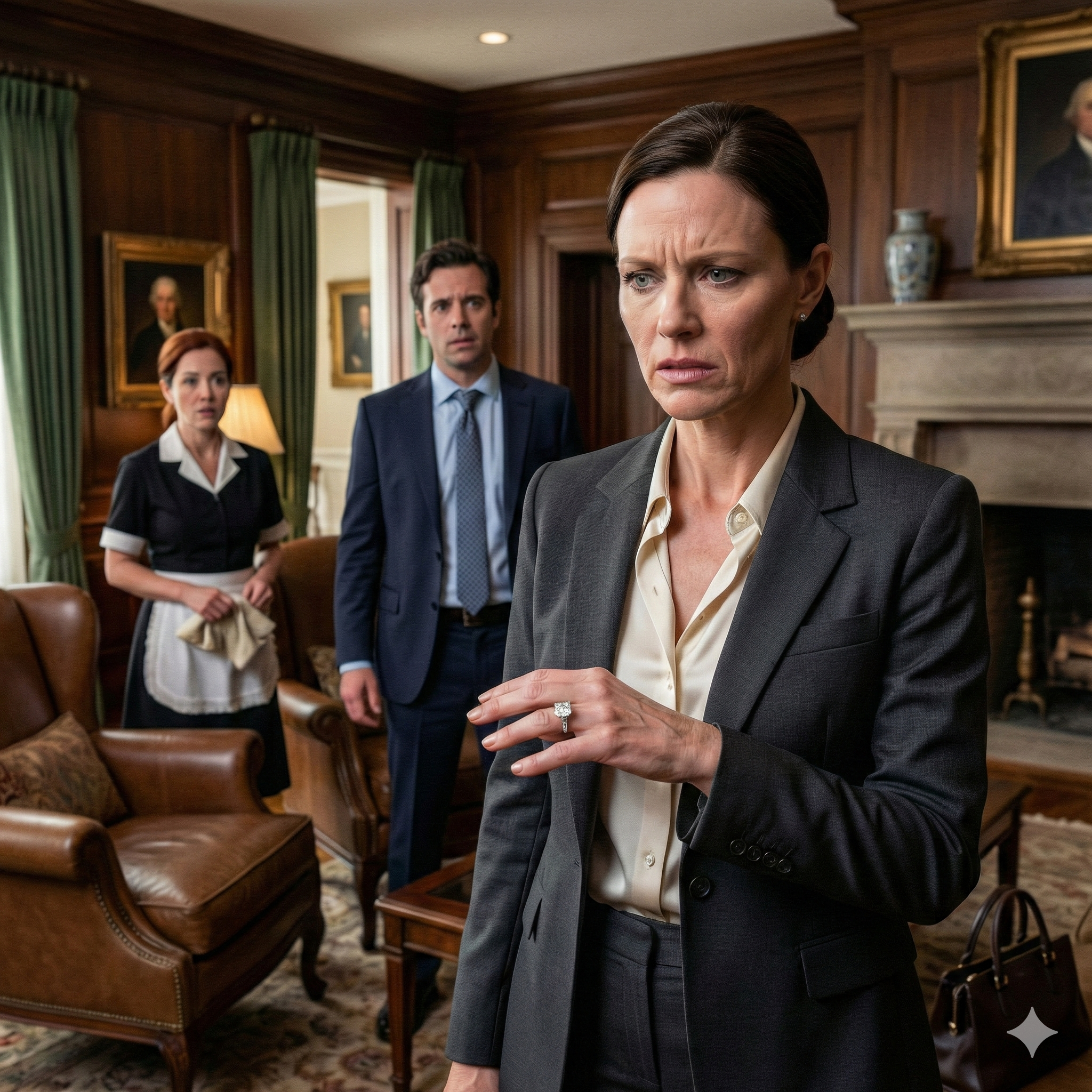 After three days and nights with his young mistress, my wealthy husband came home with a diamond ring. “I messed up,” he said softly, slipping it onto my finger. I almost believed him—until the maid paused, glanced at the ring, and whispered, “Sir… that’s the same one you bought her yesterday.” The room went silent. My smile froze. And in that moment, I realized this gift wasn’t guilt—it was proof.