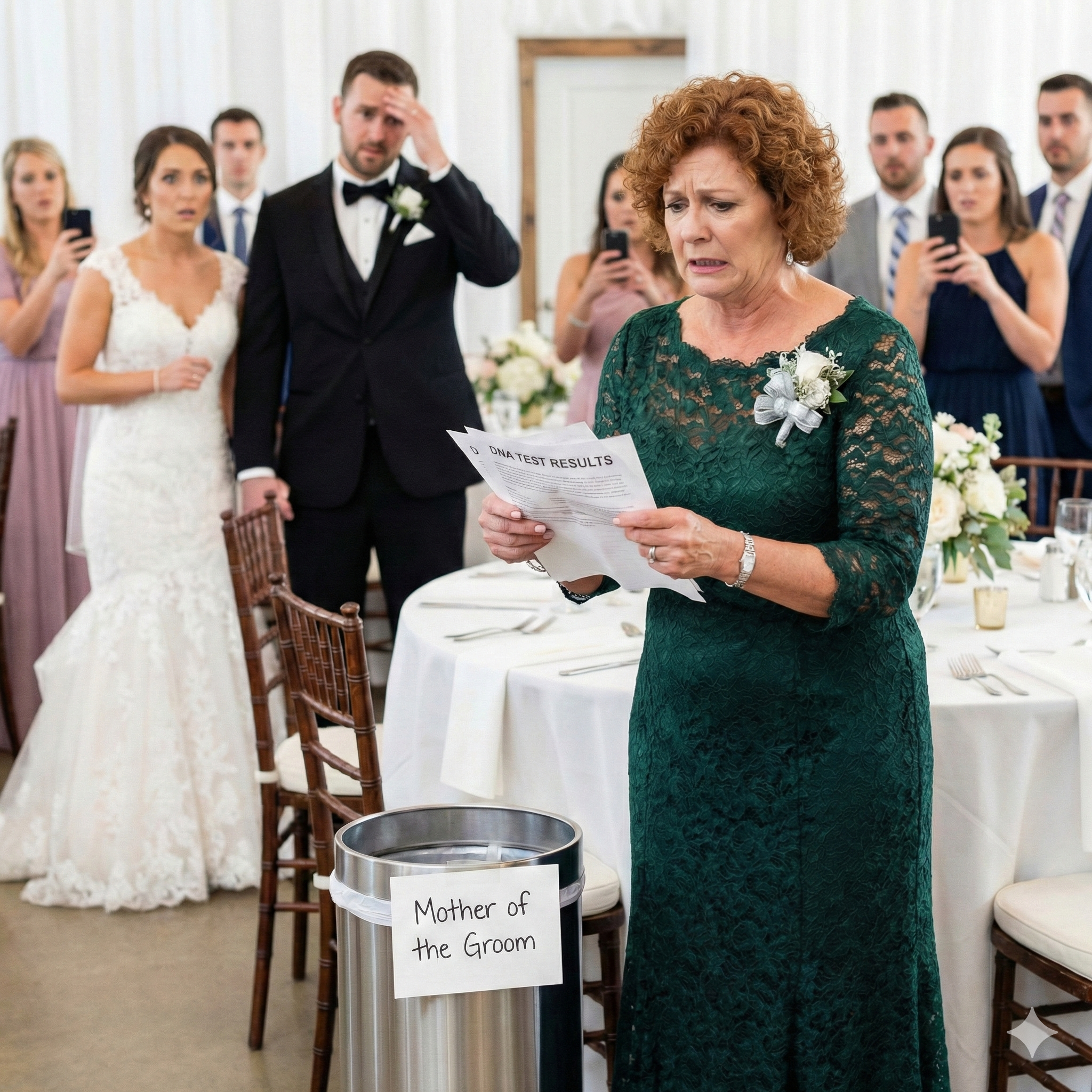 At my son’s wedding, I walked into the reception and froze. My reserved seat—right next to him—had been replaced with a trash can. “It’s just a joke, don’t be so dramatic,” my daughter-in-law smirked as everyone burst out laughing. They stopped laughing when I stood up, lifted the DNA test results, and said, “Then let’s see who’s really a joke… starting with your ‘son.’”