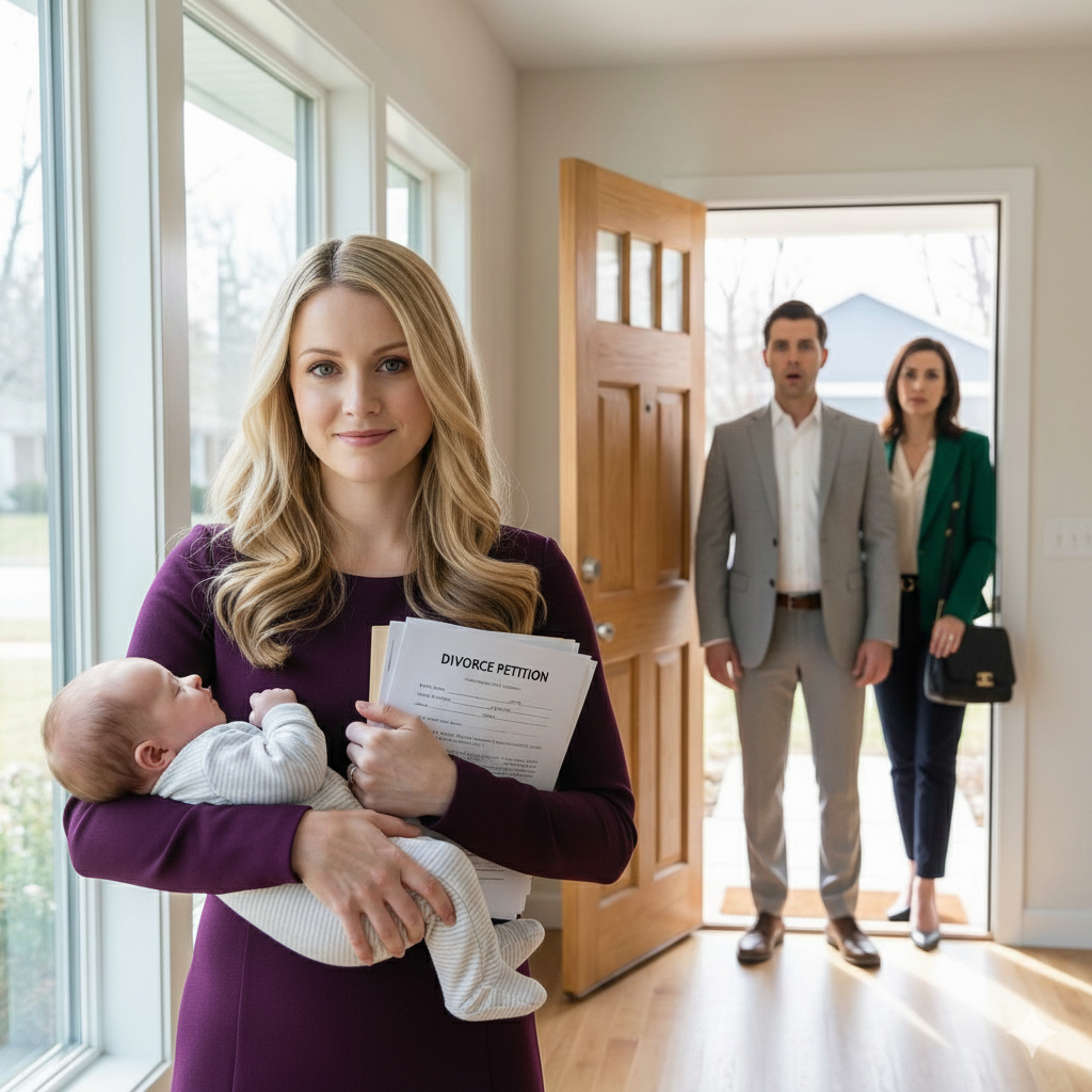 Three months after giving birth, I was still bleeding when my husband opened the door and said calmly, “She’s moving in. I want a divorce.” His mistress stood behind him, smiling like she’d already won. I signed the papers with a cold smile that scared even me. Months later, when they saw me again, his face drained of color—and I finally asked, “Miss me?”