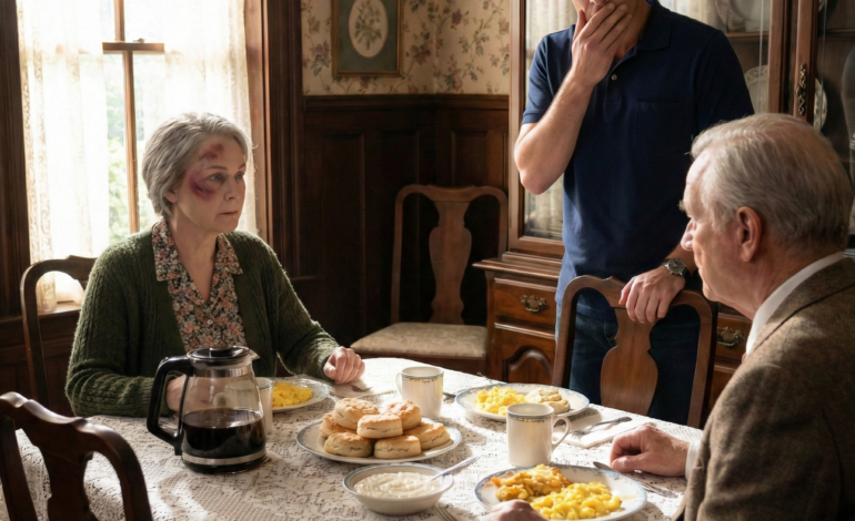 My son hit me last night and I stayed quiet. This morning, I laid out my lace tablecloth, baked a full Southern breakfast, and set the good china like it was Christmas. He came downstairs, saw the biscuits and grits, smirked, and said, “So you finally learned,” but his face changed the second he saw who was sitting at my table.