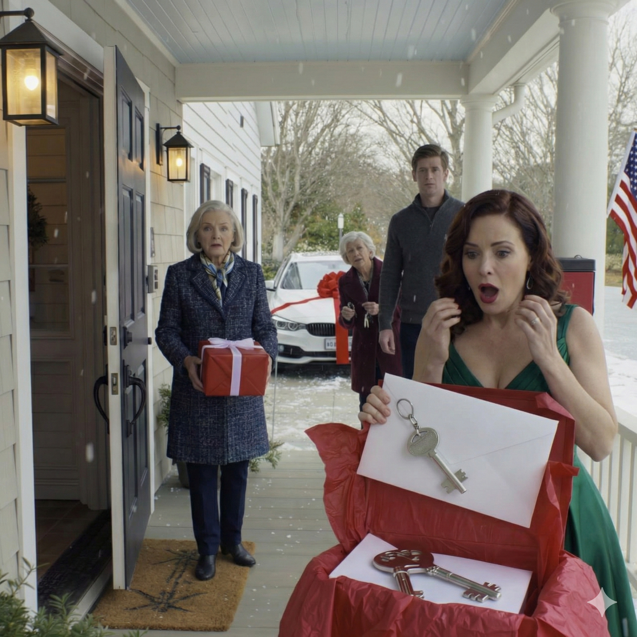 My son gave his mother-in-law a $60,000 BMW for Christmas. My gift? A piggy bank with only $3 inside. I smiled, drove home, and went to bed. When the sun rose, I quietly left a ‘gift’ on their front door… and as soon as his wife opened it, her smile vanished so quickly it looked fake.