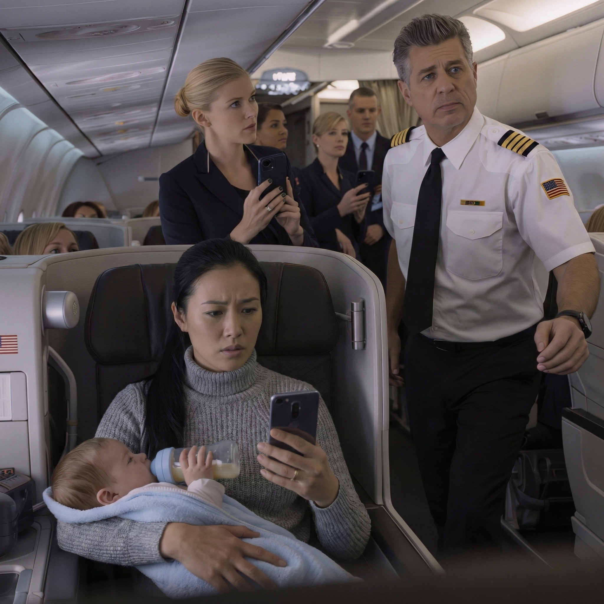 A flight attendant called me “a problem” in first class because my six-month-old wouldn’t stop fussing—and before I could even explain, half the cabin had their phones up like I was the villain. The captain sided with her, security started walking in, and people whispered that I should be kicked off. I didn’t argue. I just stayed calm… and made one call on speaker that changed the whole mood instantly.