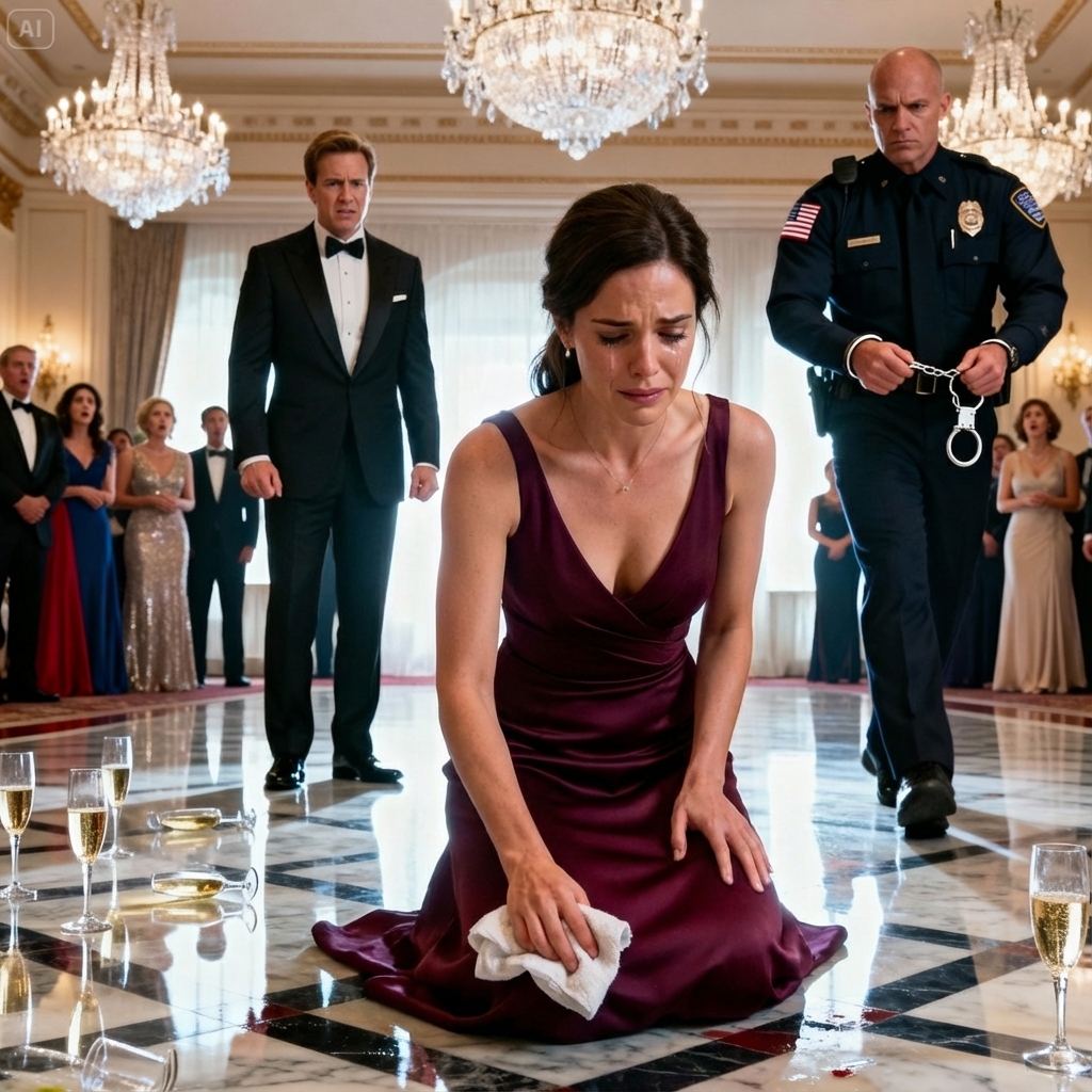 They forced me to kneel and scrub the marble floor while music and laughter filled the ballroom. My husband sneered, his mistress smirking, “Clean it properly—everyone’s watching.” I kept my head down, counting my breaths. Six minutes later, the music died. A man in uniform stepped off a private jet, handcuffs ready. As gasps erupted, I finally stood—because humiliation was never the ending.