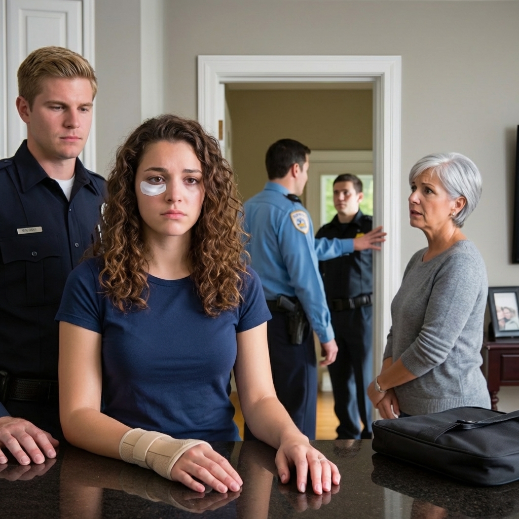 My wife showed me her bruised wrist, shaking as she cried, “He did this to me…” I looked at my brother—smirking like he’d get away with it. “Don’t make it a big deal,” my mom whispered. I stayed silent and made one call. When my brother walked in, an officer stopped him. “You’re being detained.” His face drained. I leaned in and said softly, “Today’s lesson… is consequences.” And for the first time, justice spoke louder than family.