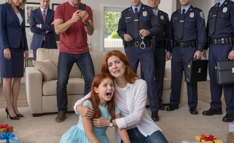 On my daughter’s 11th birthday, she tore open my mother-in-law’s “sweet” gift—then collapsed in my arms. My husband rushed her to the hospital, but when he came back four hours later, he wasn’t alone. Five cops. Four lawyers. He wouldn’t meet my eyes. “Don’t panic,” he said, voice shaking. The lead officer stepped forward: “Ma’am… we need you to come with us.” Then I saw the paperwork—and realized the gift was never a gift at all…