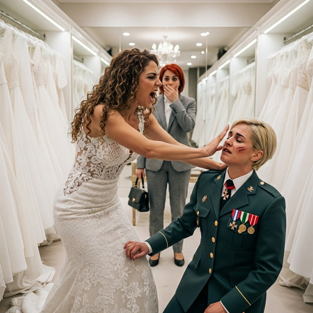 My sister slapped me across the face during her $20,000 wedding dress fitting — the one I was paying for with my combat pay. “You’re ruining my moment,” she spat. So I walked out, took out my phone, and canceled the credit card that funded her entire $500,000 wedding. Outside, I leaned against the wall and watched her perfect fairy tale start to crumble.