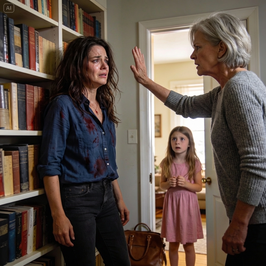 My vision narrowed into crimson droplets soaking into the beige rug as mom’s handprint burned across my cheek. My eight-year-old daughter stood frozen in the doorway, witnessing what I’d spent years protecting her from. Something inside me—something that had bent and yielded for years—suddenly hardened. Family chains finally shattered.