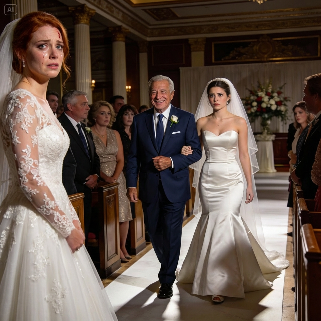 A hush fell over the guests. My groom’s hand went rigid in mine. “Don’t turn around,” he whispered. But I had to see. My father was beaming. Just not at me. He raised her lace-gloved hand and…