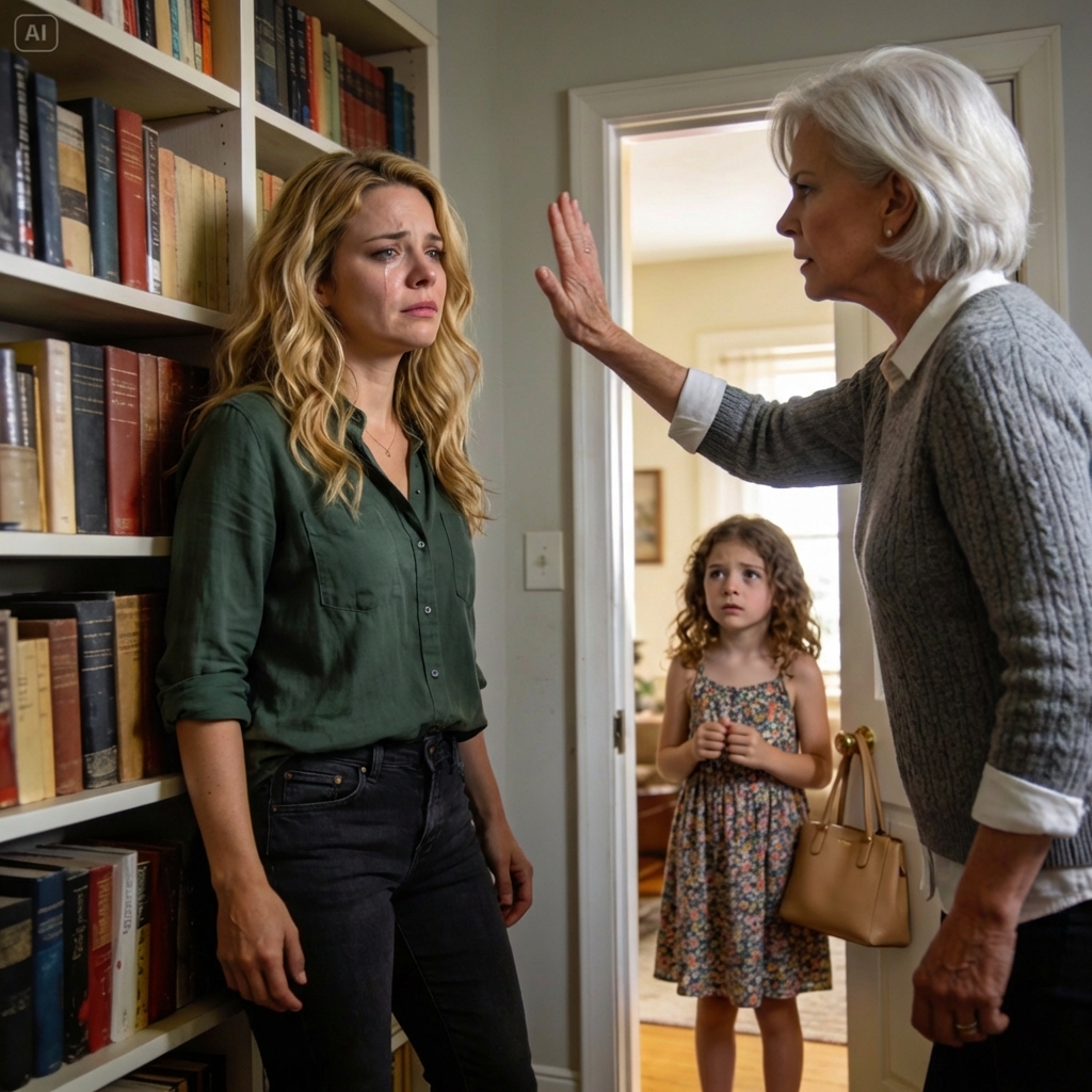 My vision narrowed into crimson droplets soaking into the beige rug as mom’s handprint burned across my cheek. My eight-year-old daughter stood frozen in the doorway, witnessing what I’d spent years protecting her from. Something inside me—something that had bent and yielded for years—suddenly hardened. Family chains finally shattered.