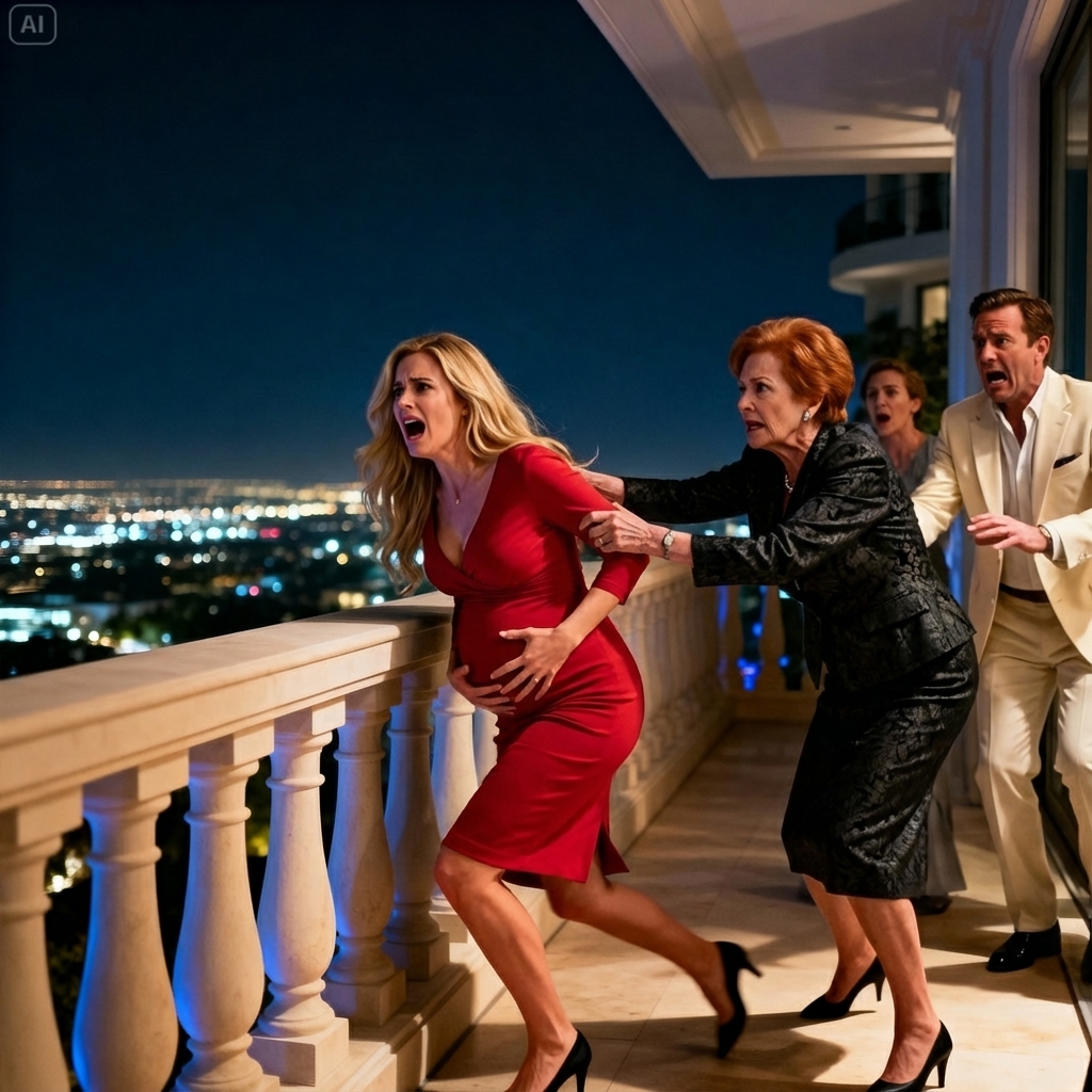 I raised my glass and smiled, “I’m pregnant.” The room glittered with chandeliers—then my mother-in-law laughed coldly. “Nice trick,” she said. “Trying to steal my son’s millions?” Before I could react, she shoved me toward the balcony rail. “Prove it. Jump—or admit you’re lying.” Hours later in the ER, the doctor looked up from the scan and said softly, “This isn’t a fake pregnancy… but what we found will change this family forever.”
