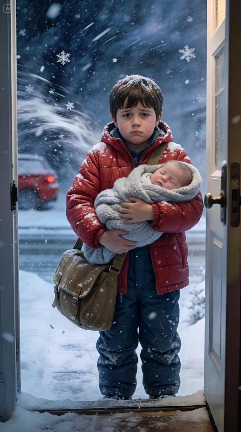 Late at night, during a fierce snowstorm, my 8-year-old grandson suddenly appeared at my doorstep, shaking from the cold and holding a baby tightly against his chest.
