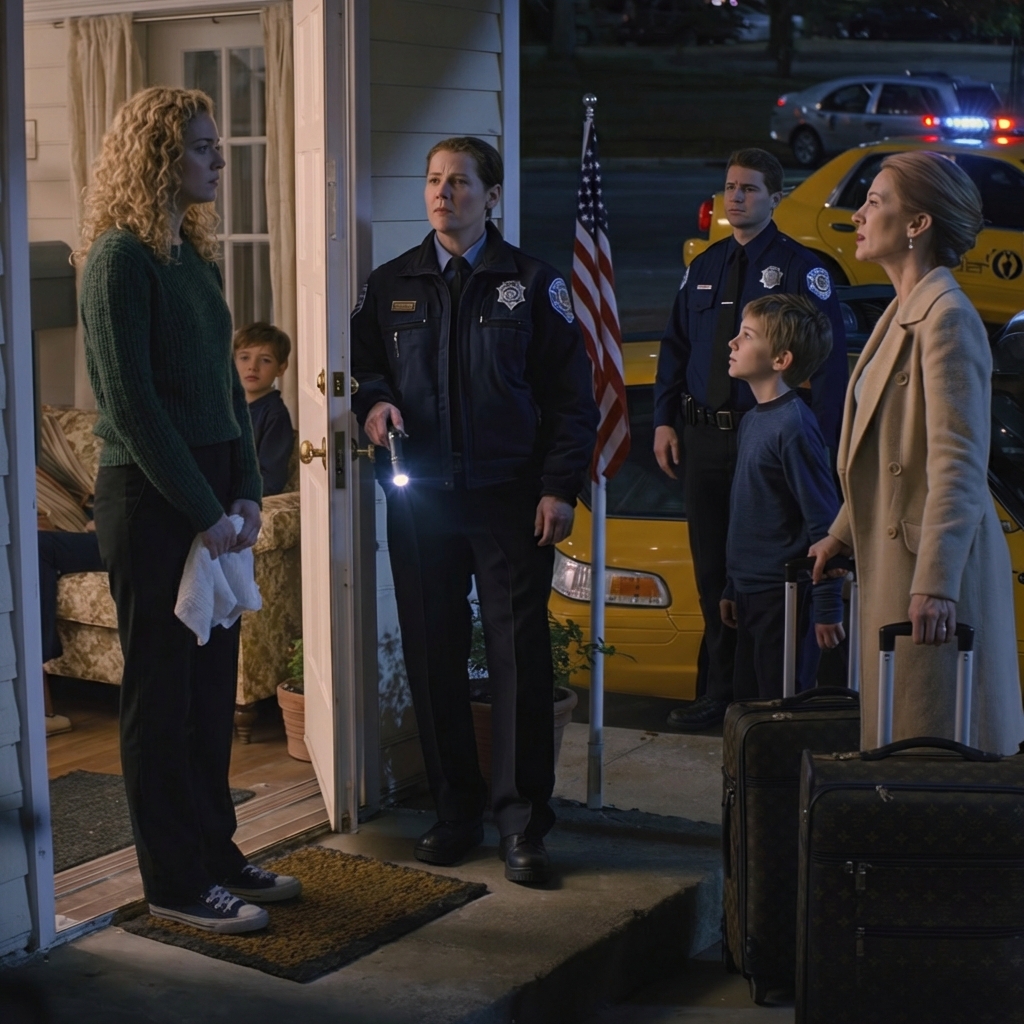 The police officer’s flashlight slid across our front porch like a slow blade, catching the peeling paint on the railing, the welcome mat that hadn’t felt welcoming in weeks, the edge of the door I’d been terrified to lose.