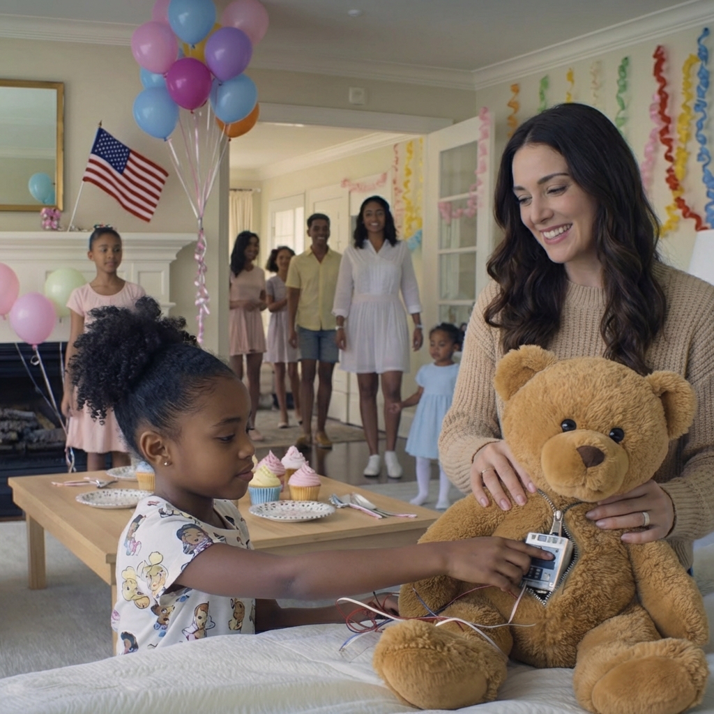 For my daughter’s 6th birthday, my in-laws sent a cute brown teddy bear—until she froze and whispered, “Mom, what’s inside?” I kept smiling for the guests, quietly tucked the gift away, opened the seam, and found a device hidden to track us. I documented everything and filed a report—our “amicable” divorce instantly changed course… Three days later, police knocked on their door.