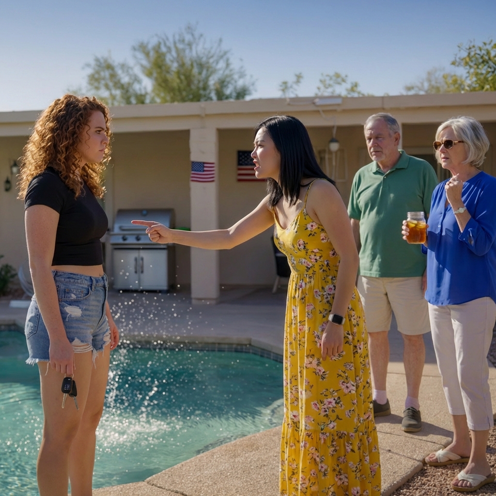 She smiled as my work laptop sank in my parents’ Phoenix pool, and my dad just said, “That’s the price of not helping family.” I didn’t scream—I scooped it out, watched the little flag sticker curl, and walked away. By dawn my screen was a storm of missed calls, and Bri’s message was only two words: “Fix this.” She had no idea what I quietly set in motion that night.