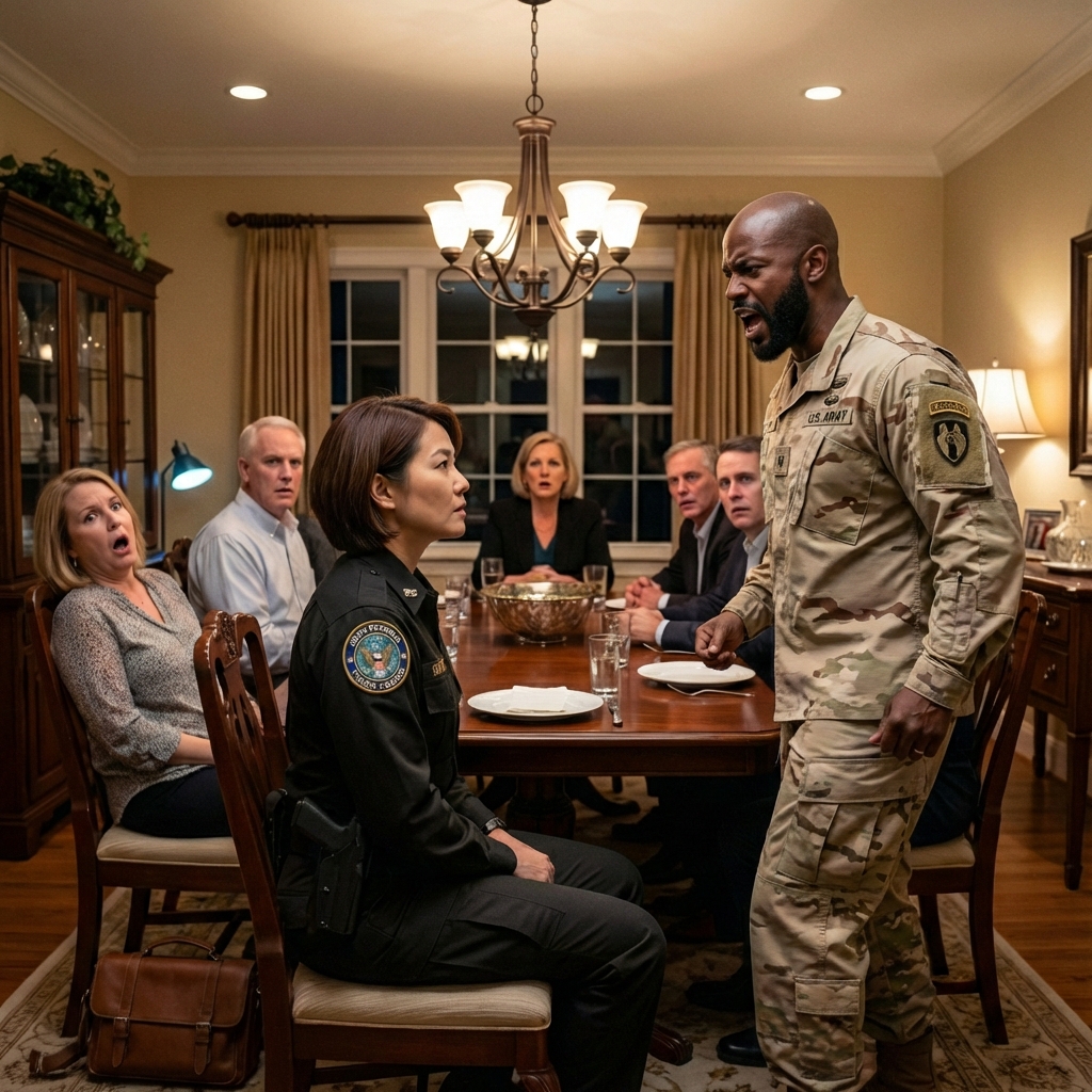 My sister laughed at dinner: ‘Meet my fiancé, a Ranger.’ She mocked my uniform. Then he saw the task force patch, froze, snapped to attention, and barked, ‘Maya, stop. Do you know what that means?