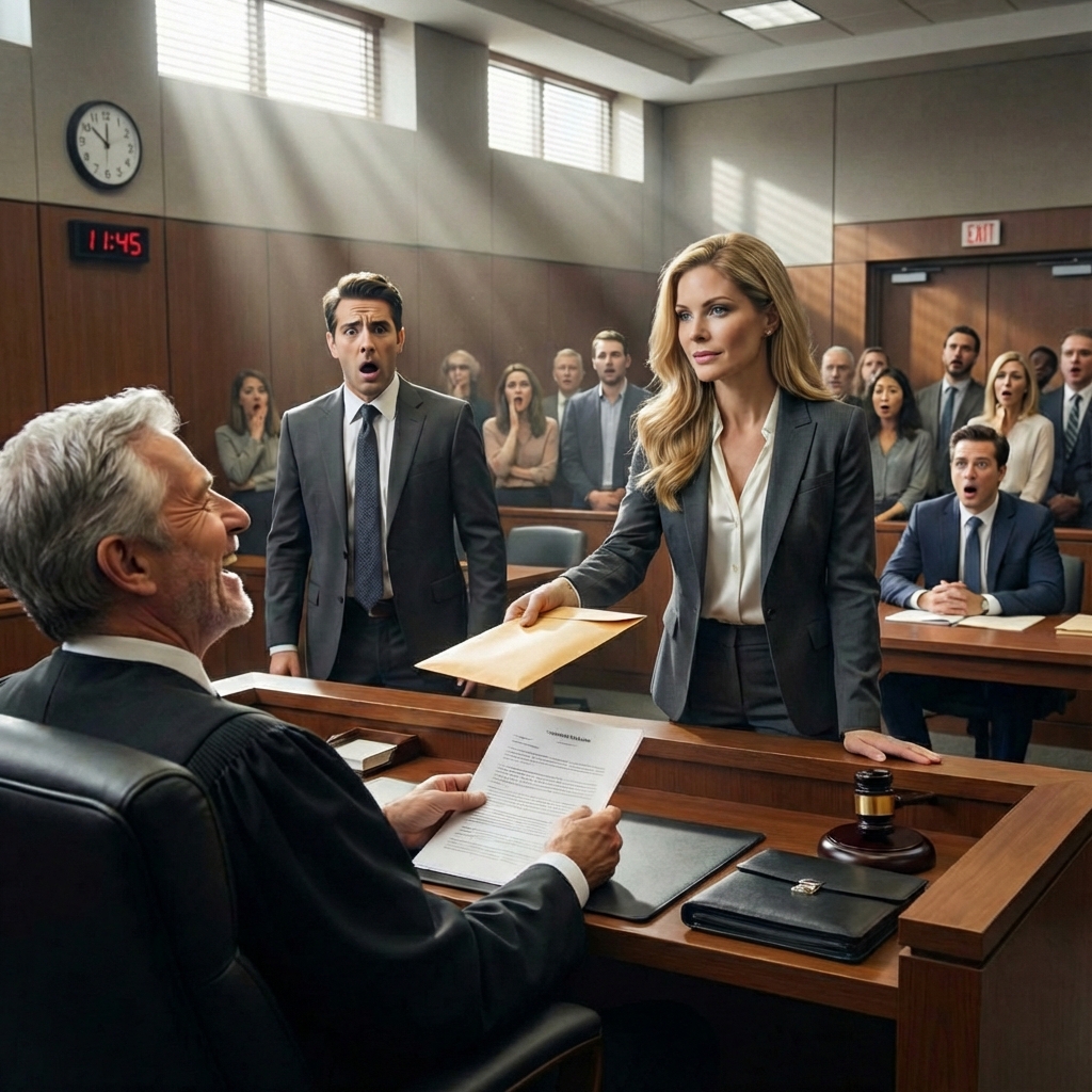 At our divorce hearing, my husband smirked and bragged, “I’ll finally live off her fortune.” Laughter rippled through the courtroom. I didn’t react. I simply slid an envelope toward the judge and whispered, “Please check the date on his signature.” The judge froze—then burst out laughing. My husband’s face drained of color. That was the moment everything flipped… and the real truth was about to surface.